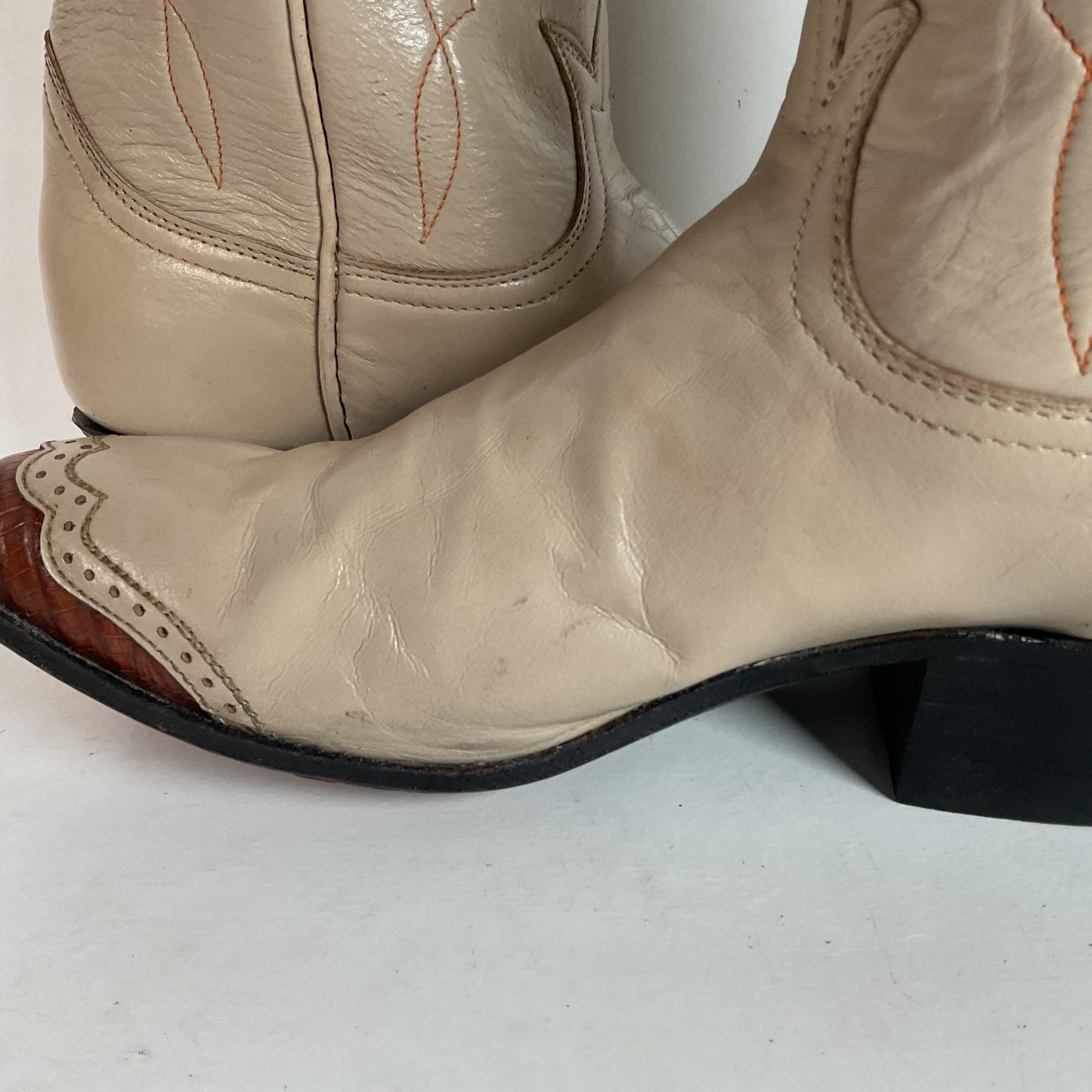 Vintage Tony Lama Lizard Wingtip Cowgirl Boots 5.5 A Creme Leather