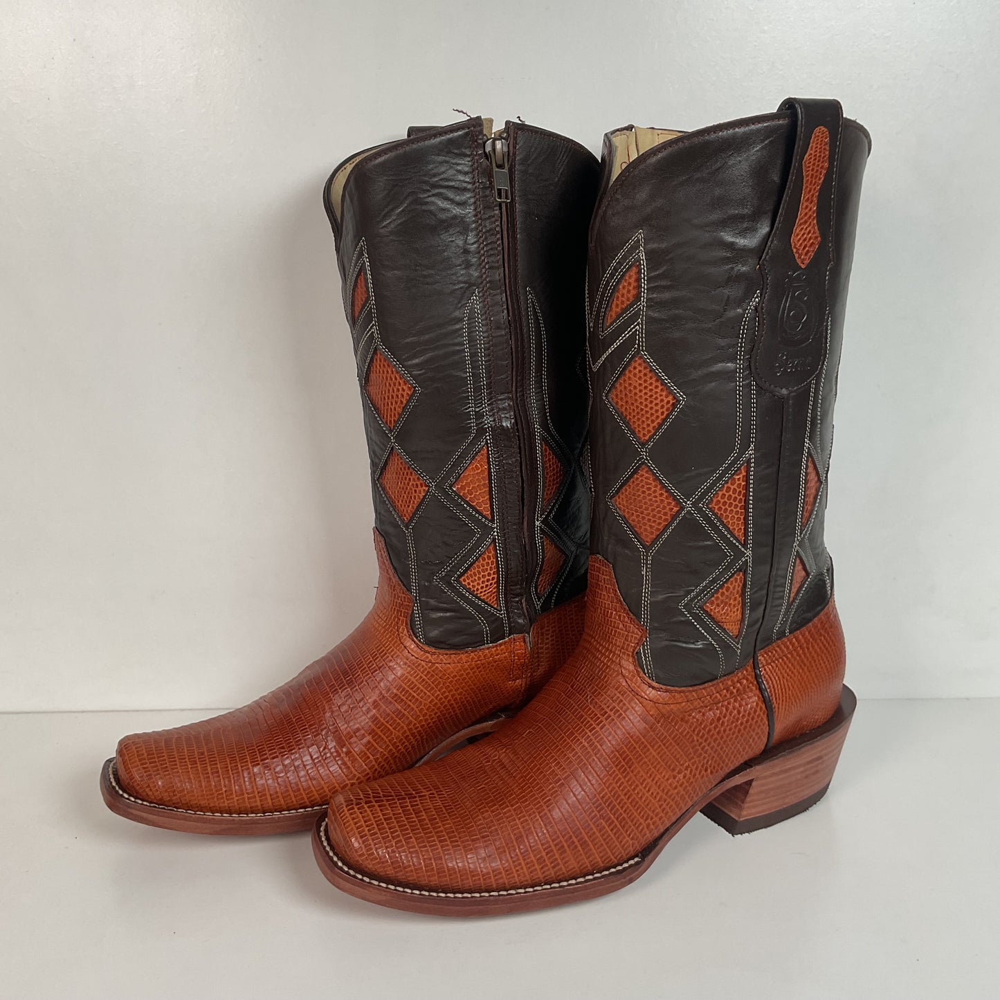 Serna Custom Cowboy Zipper Boots 10 Lizard Vamp, Tooled Inlay