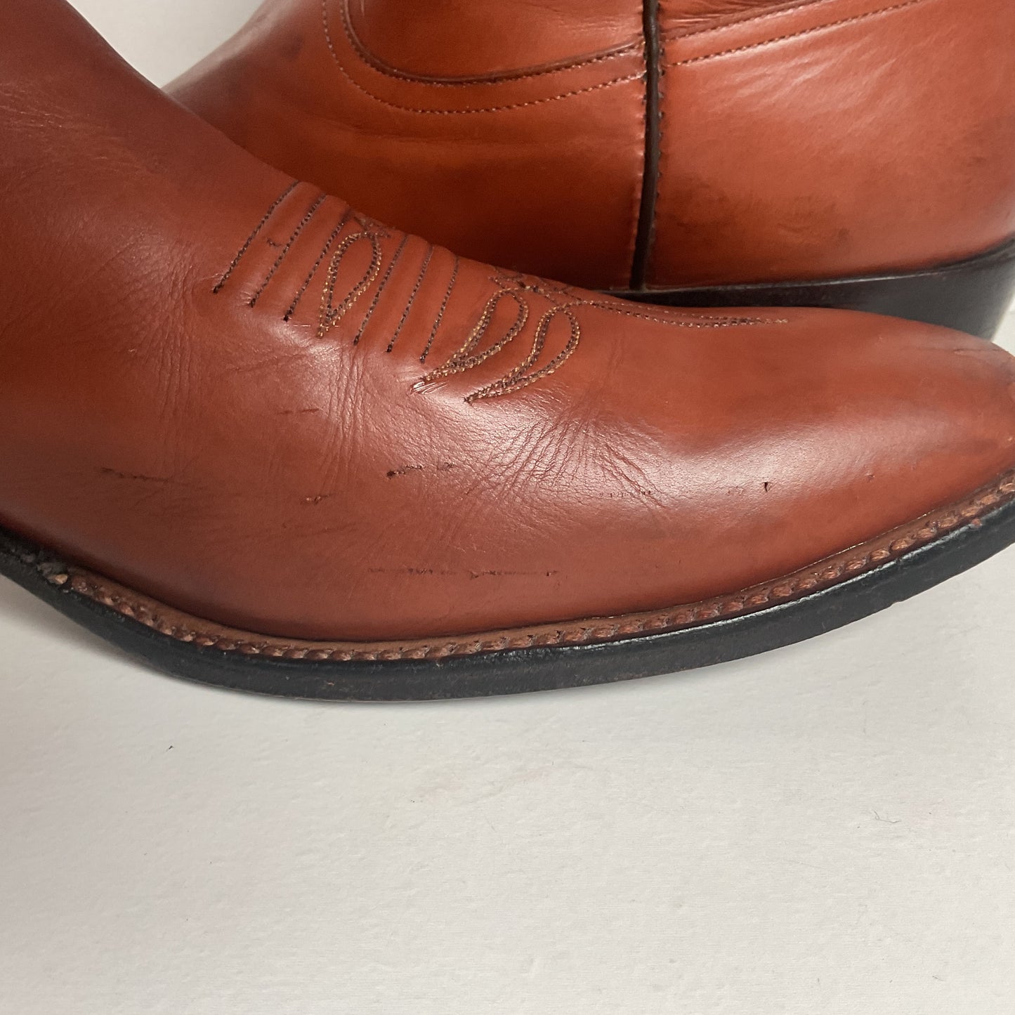 Rios of Mercedes Brown Calfskin Leather Cowboy Boots 13 A (Extra Narrow) Thrashed