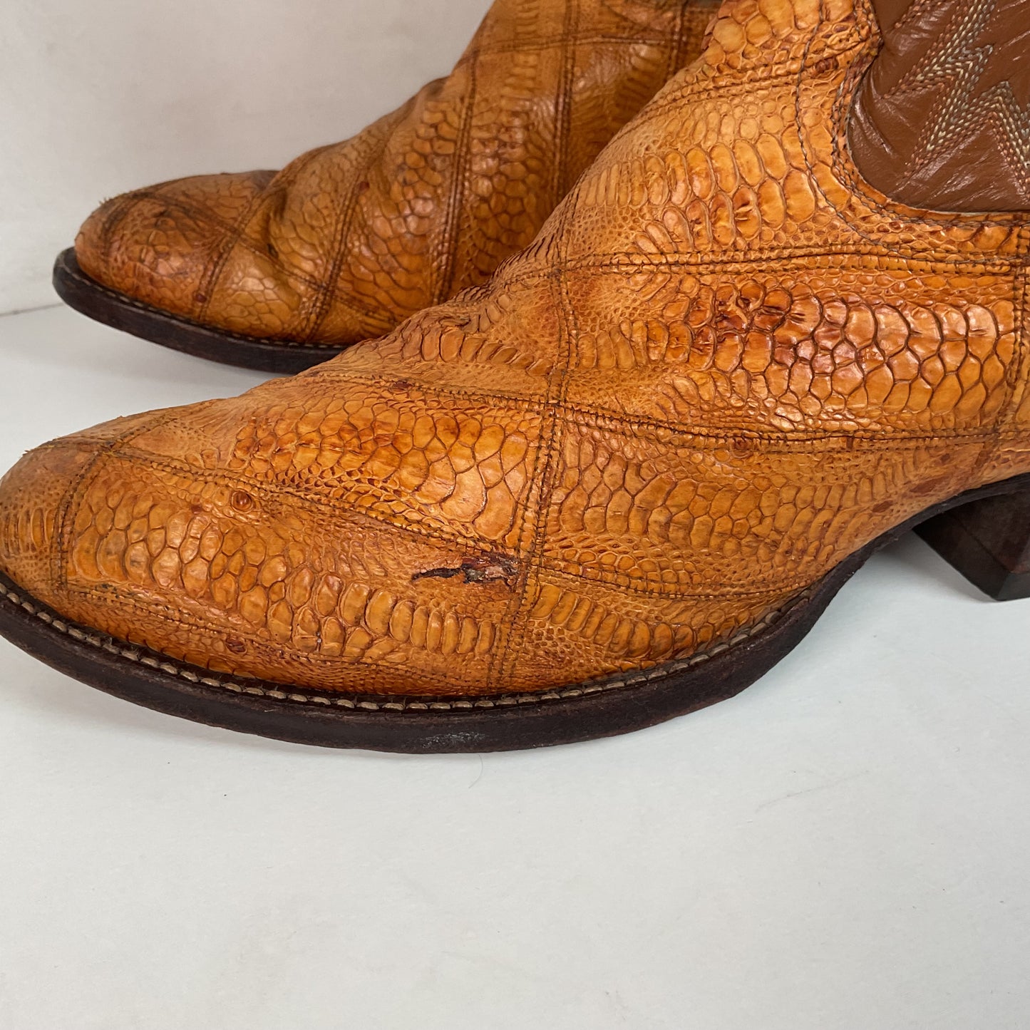 Tony Lama Ostrich Leg Patchwork Cowboy Boots 10 D Gold Label Thrashed