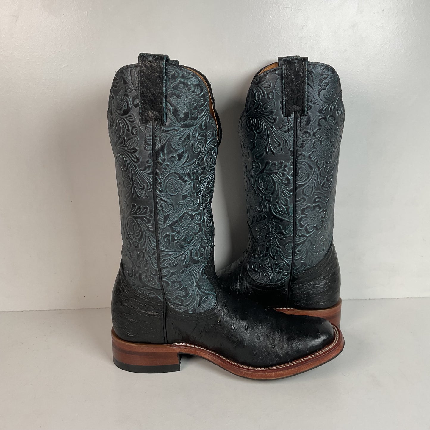 Boulet Tooled Ostrich Quill Cowgirl Boots 7 C Square Toe Exotic