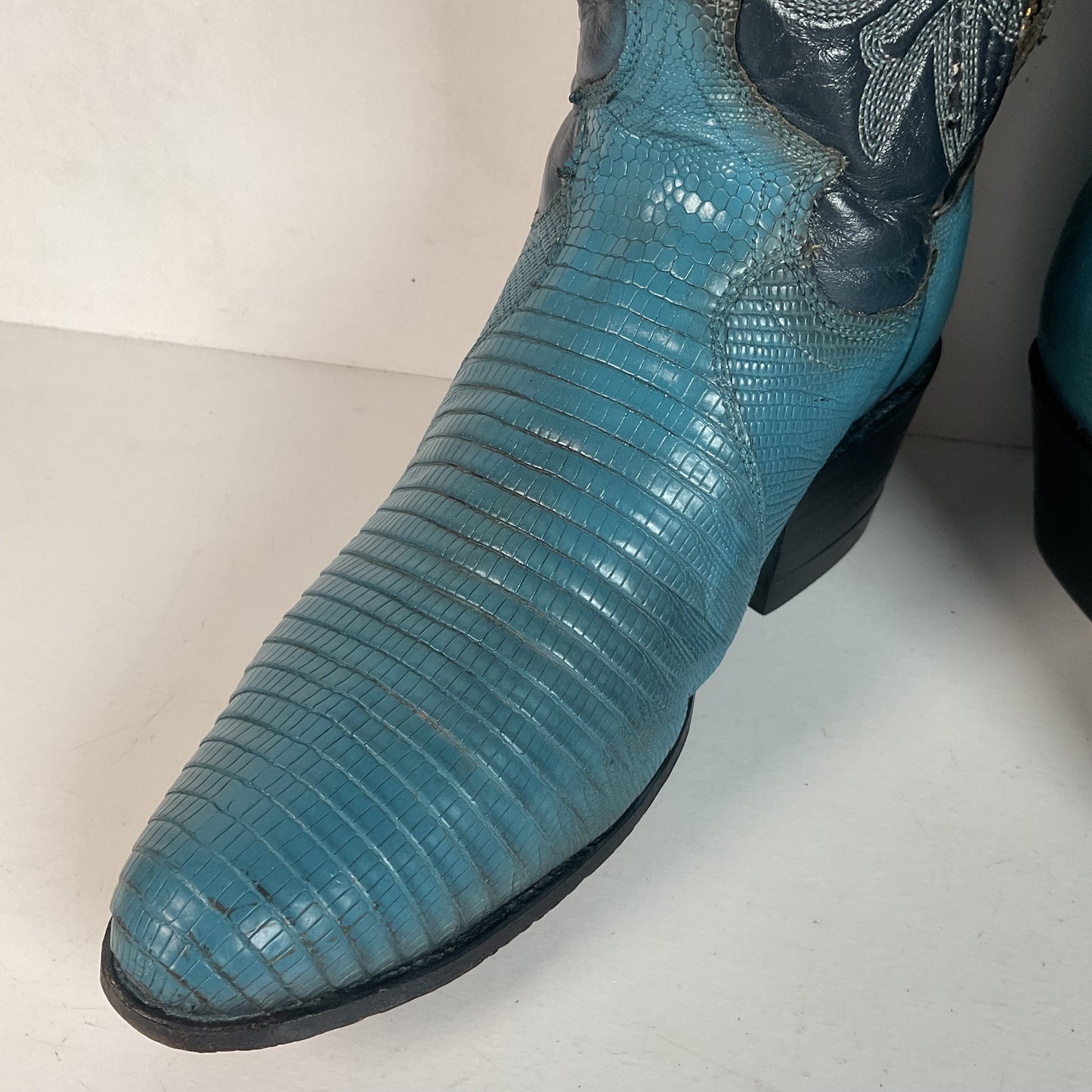Vintage Justin Turquoise Cowgirl Boots 5 B Zipper Teju Lizard Vamp