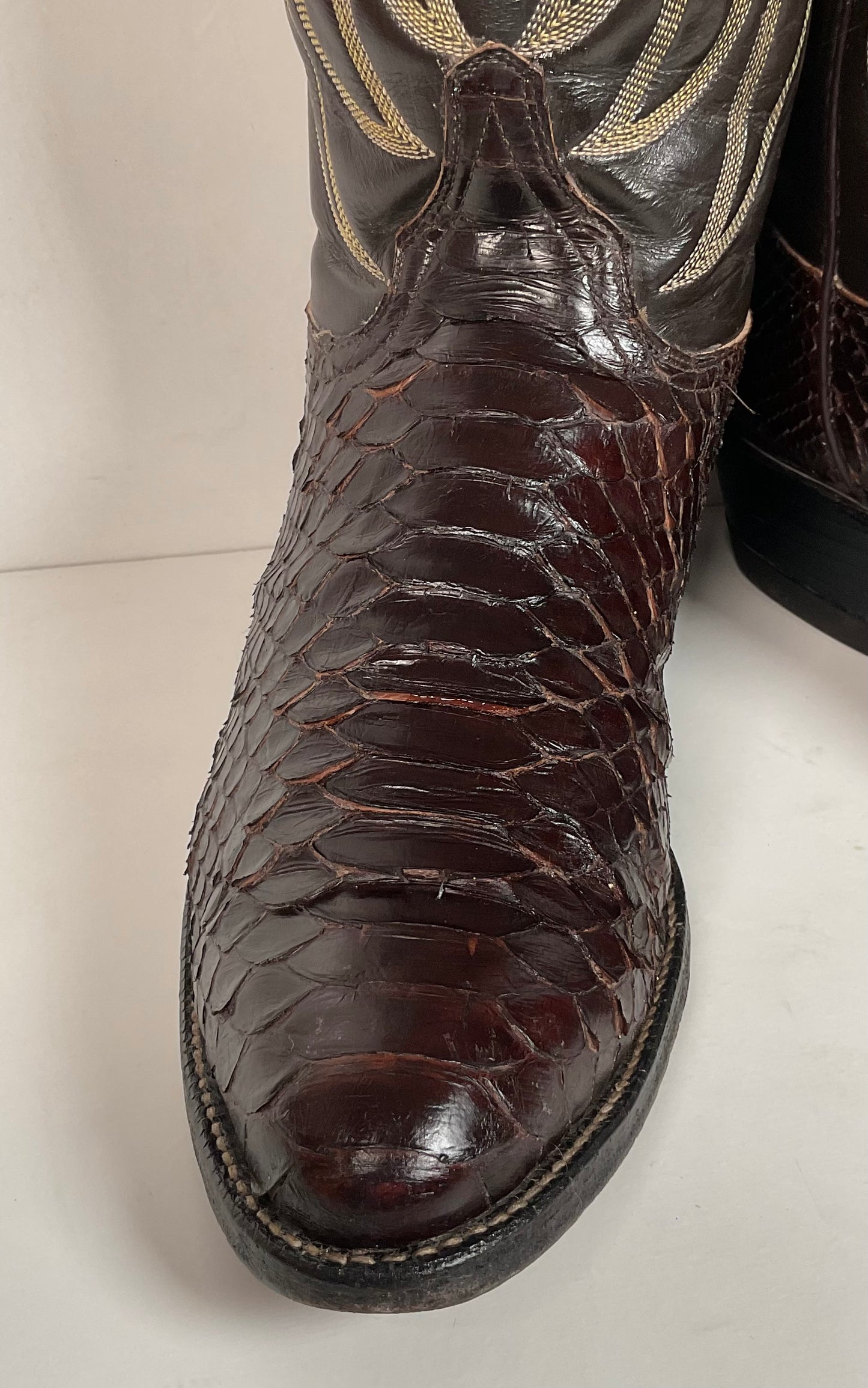 Vintage Tony Lama Back Cut Python Cowboy Boots 8.5 D Dark Brown Snakeskin