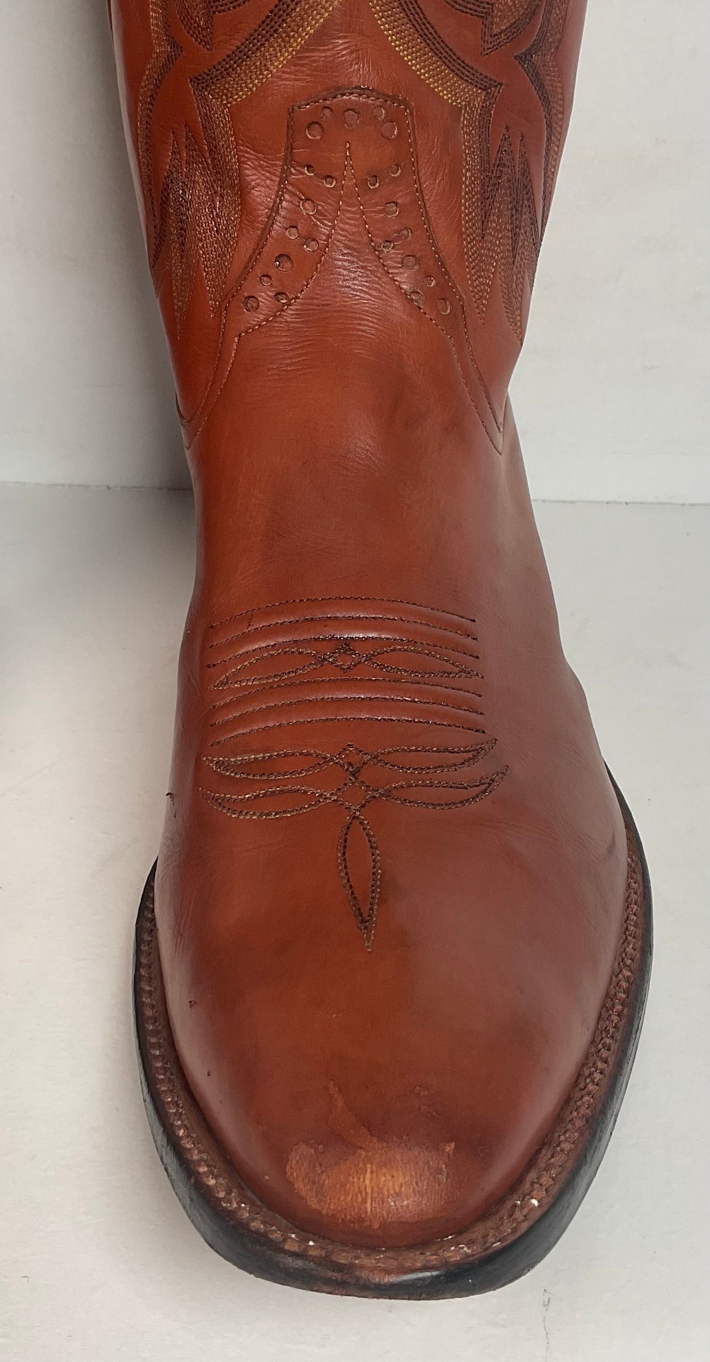Rios of Mercedes Brown Calfskin Leather Cowboy Boots 13 A (Extra Narrow) Thrashed
