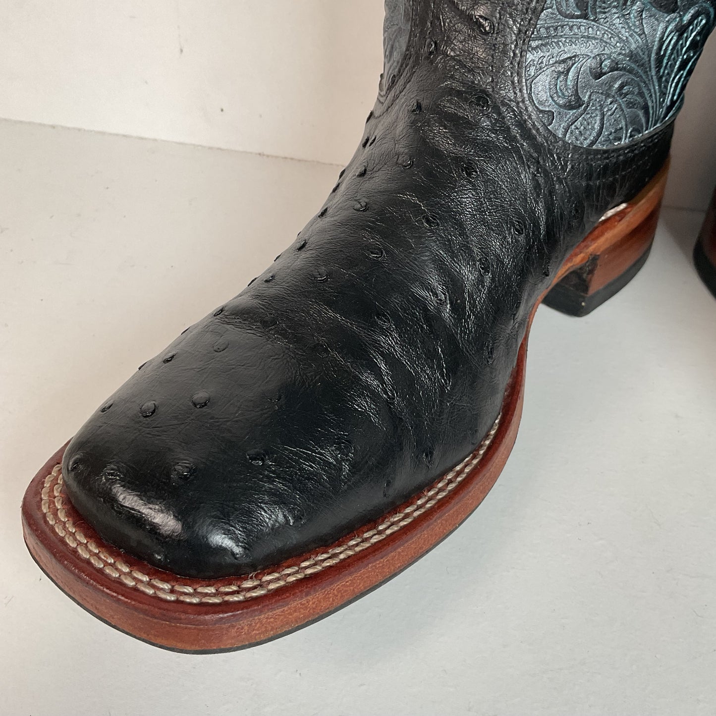 Boulet Tooled Ostrich Quill Cowgirl Boots 7 C Square Toe Exotic