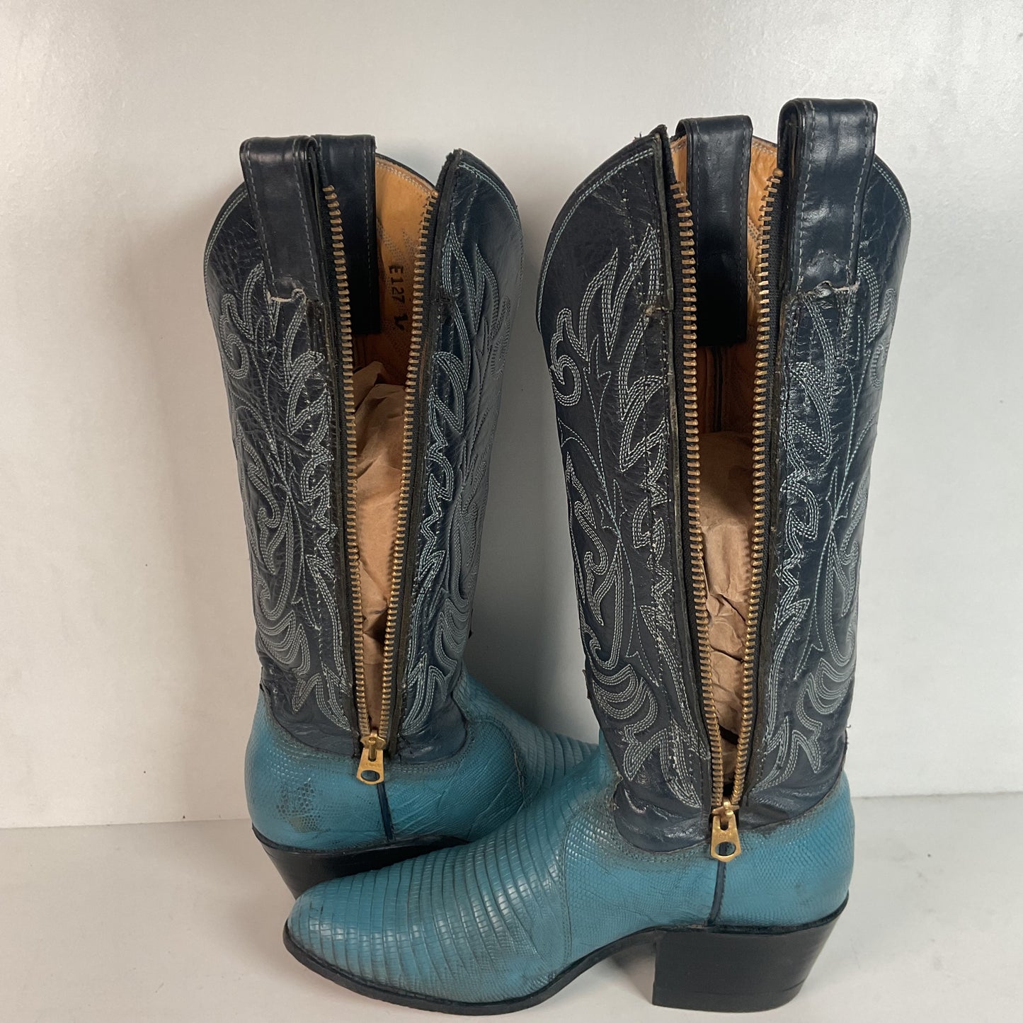 Vintage Justin Turquoise Cowgirl Boots 5 B Zipper Teju Lizard Vamp