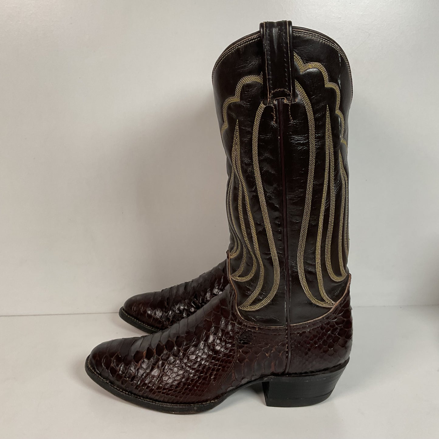 Vintage Tony Lama Back Cut Python Cowboy Boots 8.5 D Dark Brown Snakeskin