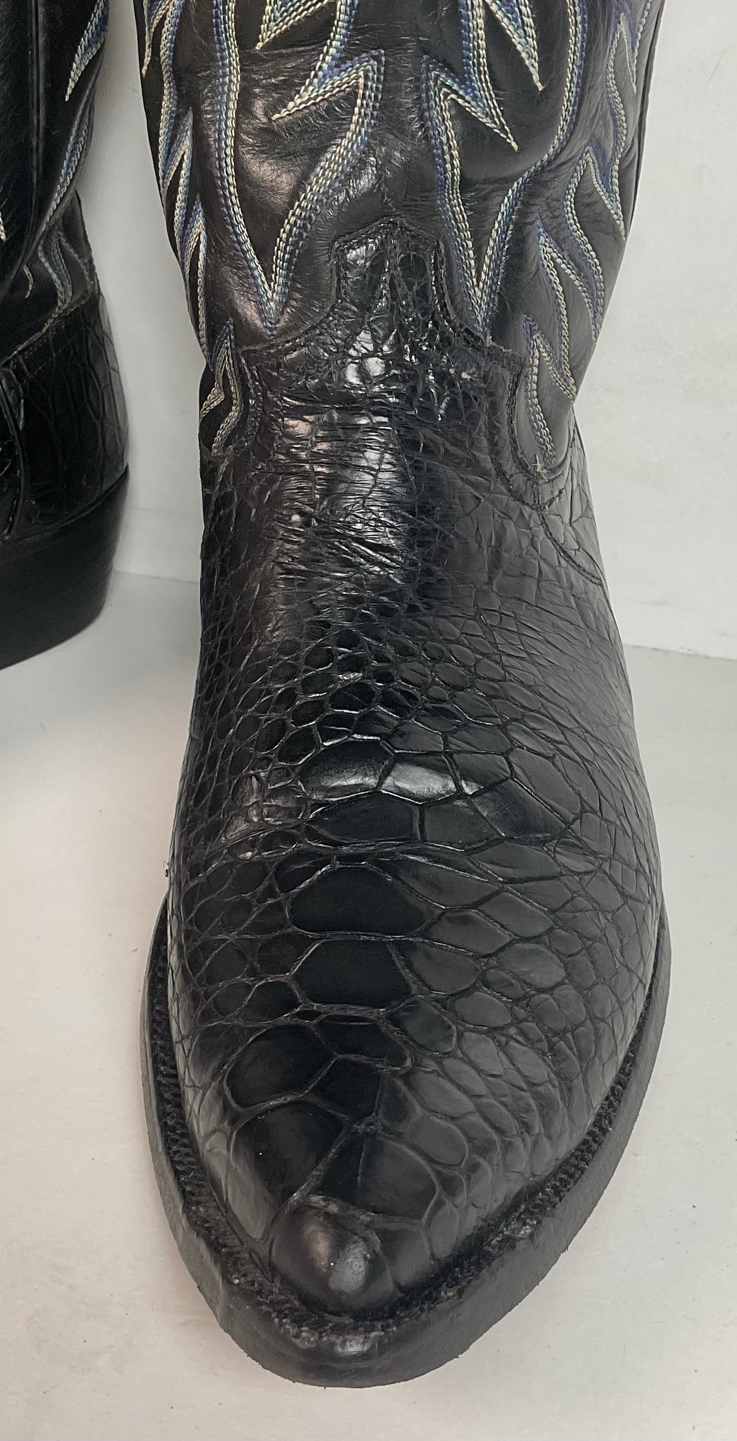 Vintage 1960s Justin Black Sea Turtle Cowboy Boots 10 D USA Made Fort Worth Label Pre-Ban