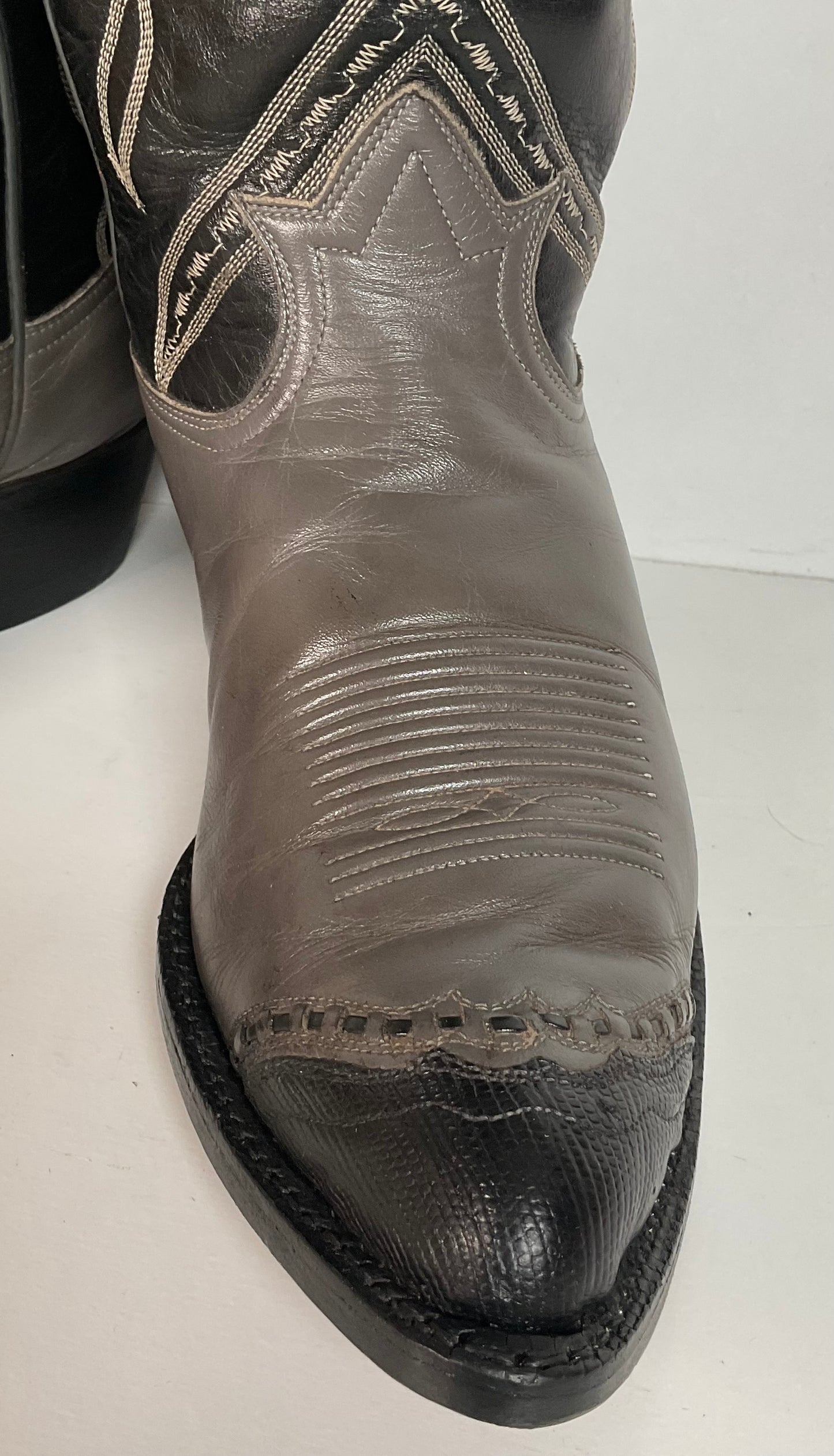 Vintage Tony Lama Grey Lizard Wingtip Cowboy Boots 9 D Gold Label Recraft