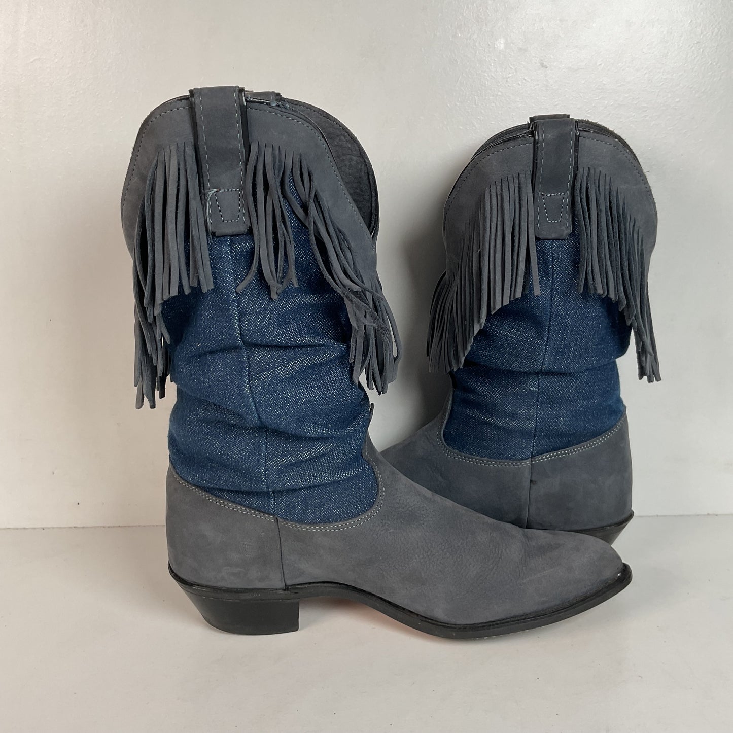 Vintage Wrangler Denim Fringe Cowgirl Boots 8.5 M USA Made Shorty