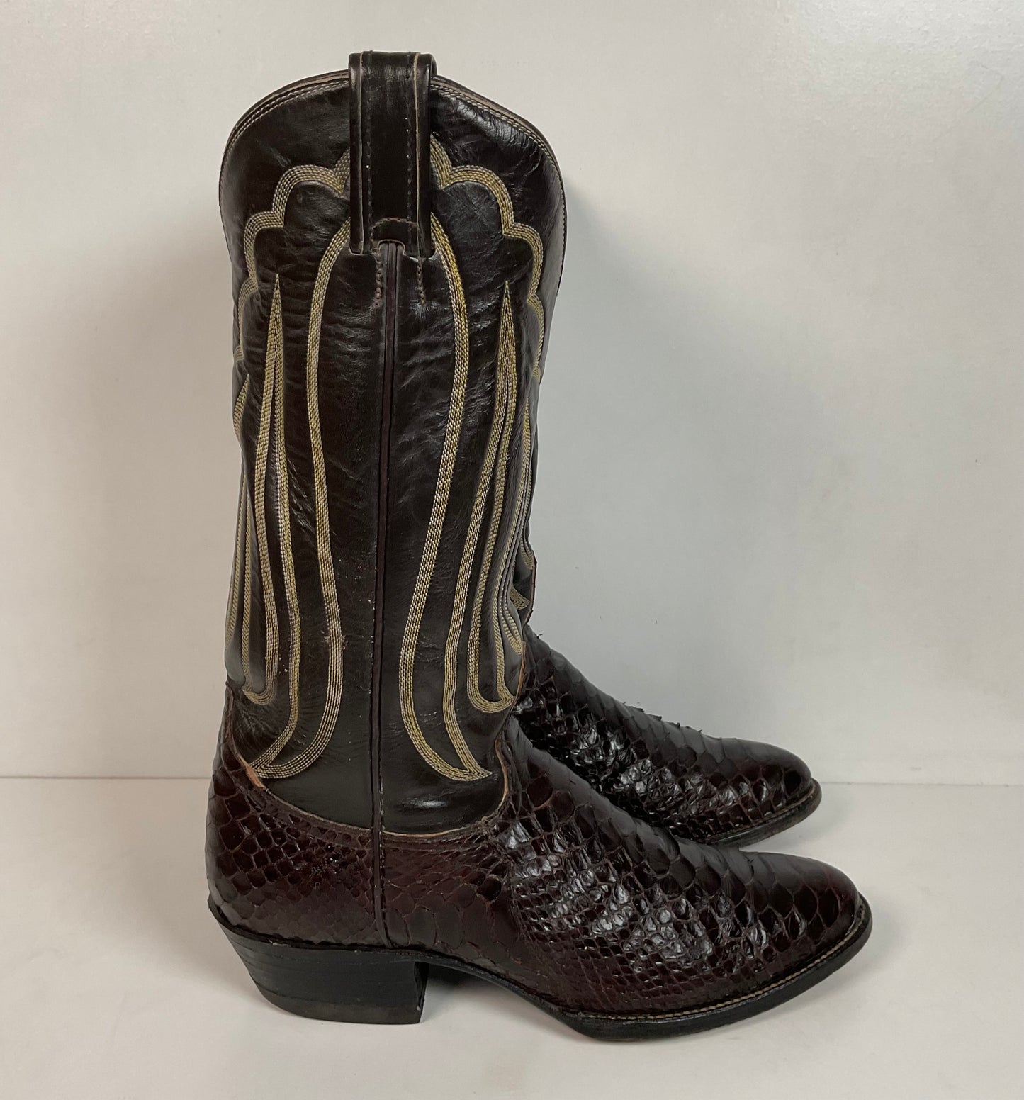 Vintage Tony Lama Back Cut Python Cowboy Boots 8.5 D Dark Brown Snakeskin