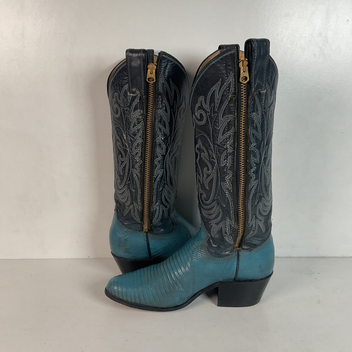 Vintage Justin Turquoise Cowgirl Boots 5 B Zipper Teju Lizard Vamp
