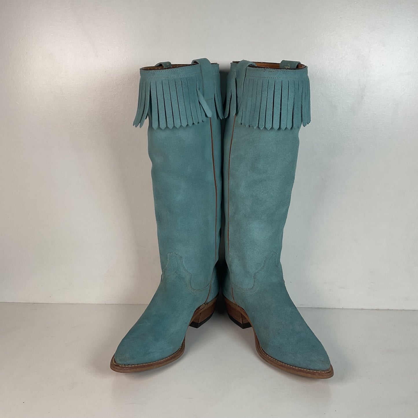 Vintage Wrangler 16.5” Rough Out Suede Cowgirl Boots 6.5 M Fringe Powder Blue