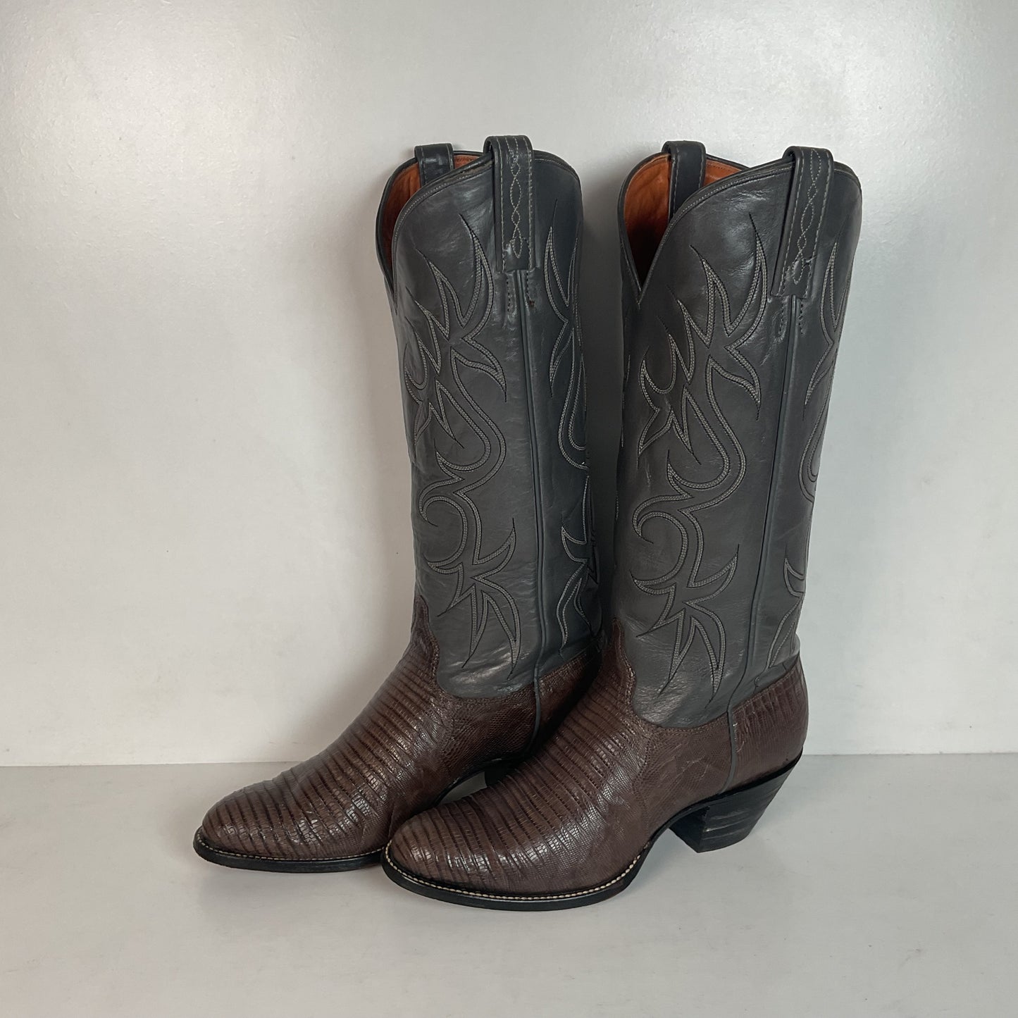 Vintage J Chisholm Grey Tall Cowgirl Boots 8 M Lizard Vamp USA Made