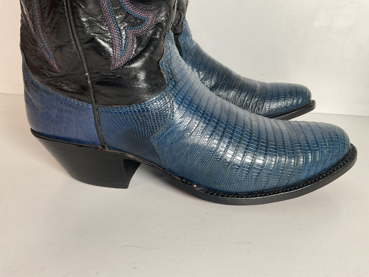 Vintage Justin Tall Blue Lizard Cowgirl Boots 6.5 B USA Made Recraft