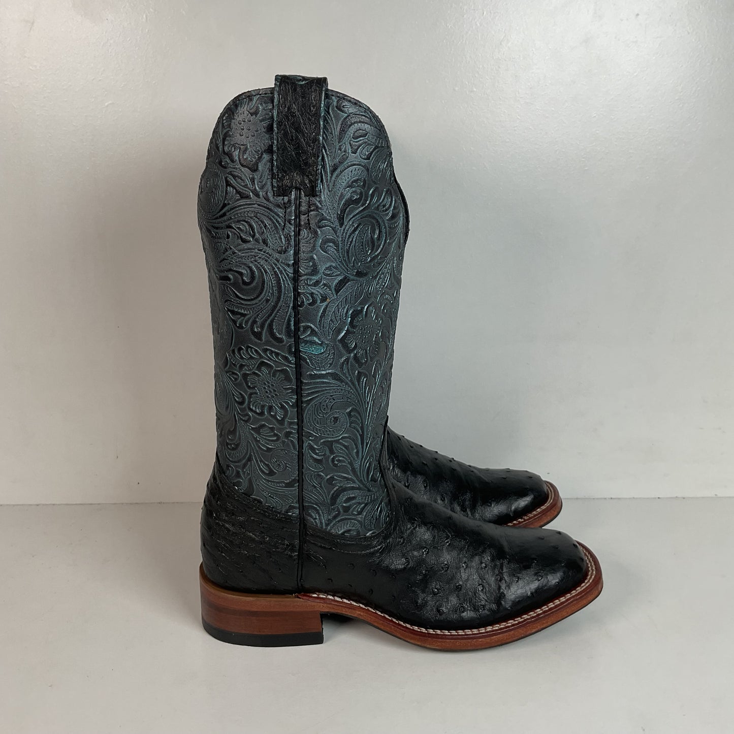 Boulet Tooled Ostrich Quill Cowgirl Boots 7 C Square Toe Exotic