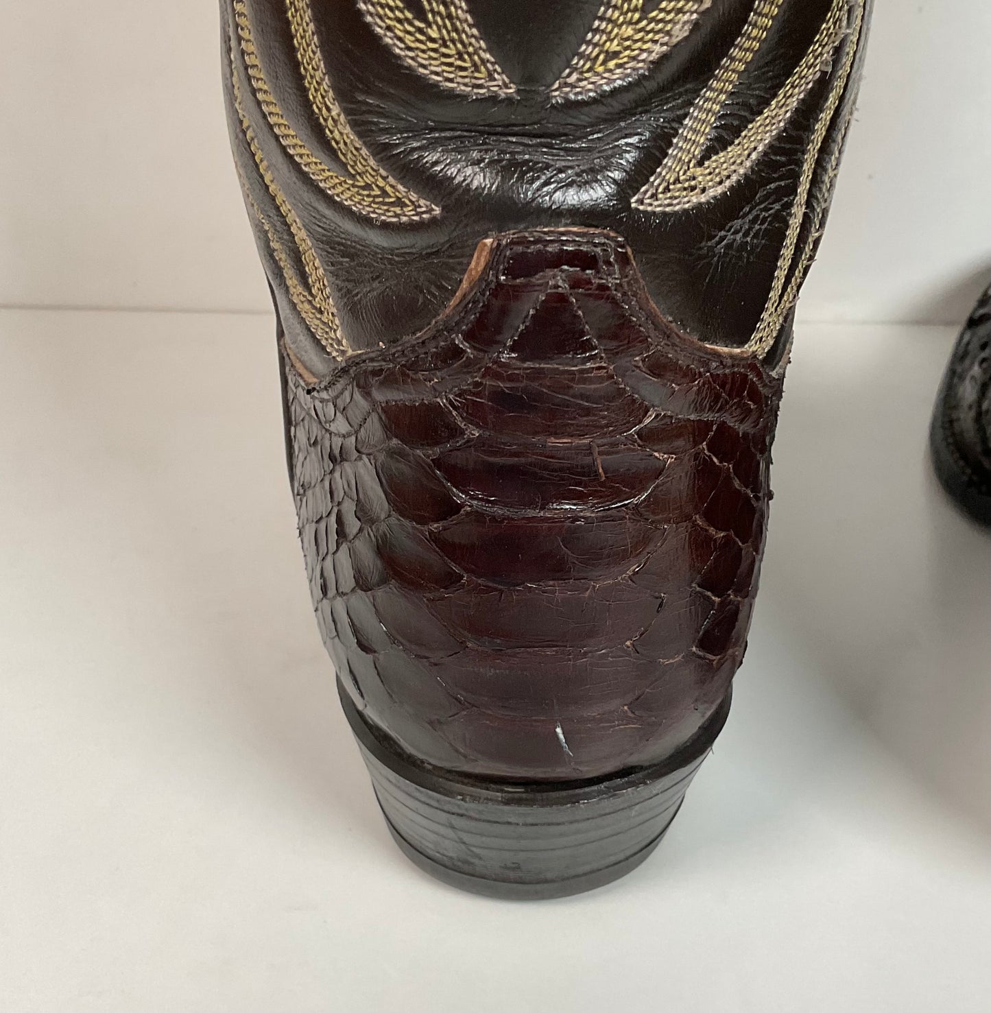 Vintage Tony Lama Back Cut Python Cowboy Boots 8.5 D Dark Brown Snakeskin