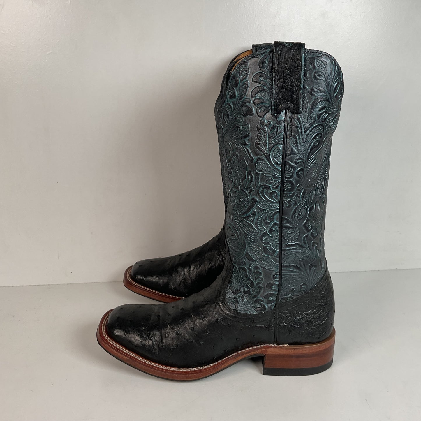 Boulet Tooled Ostrich Quill Cowgirl Boots 7 C Square Toe Exotic
