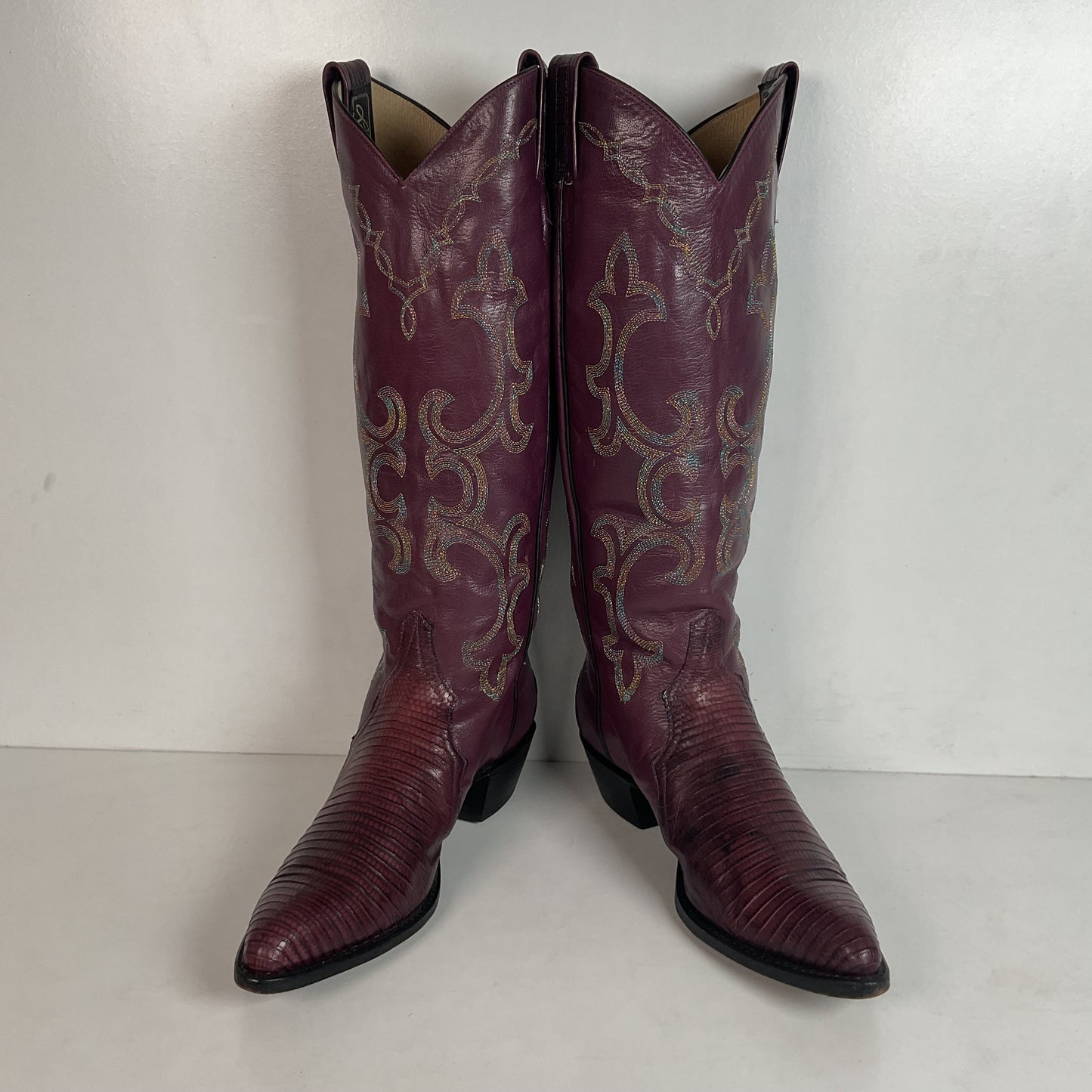 Vintage Larry Mahan Tall Purple Cowgirl Boots 8.5 B USA Made Lizard Teju