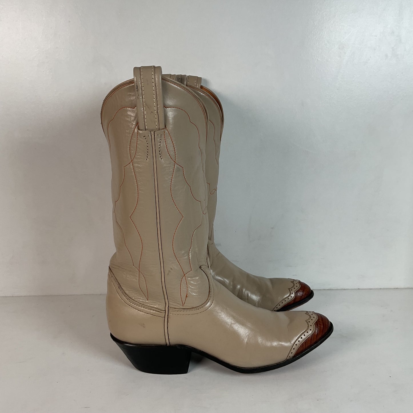 Vintage Tony Lama Lizard Wingtip Cowgirl Boots 5.5 A Creme Leather