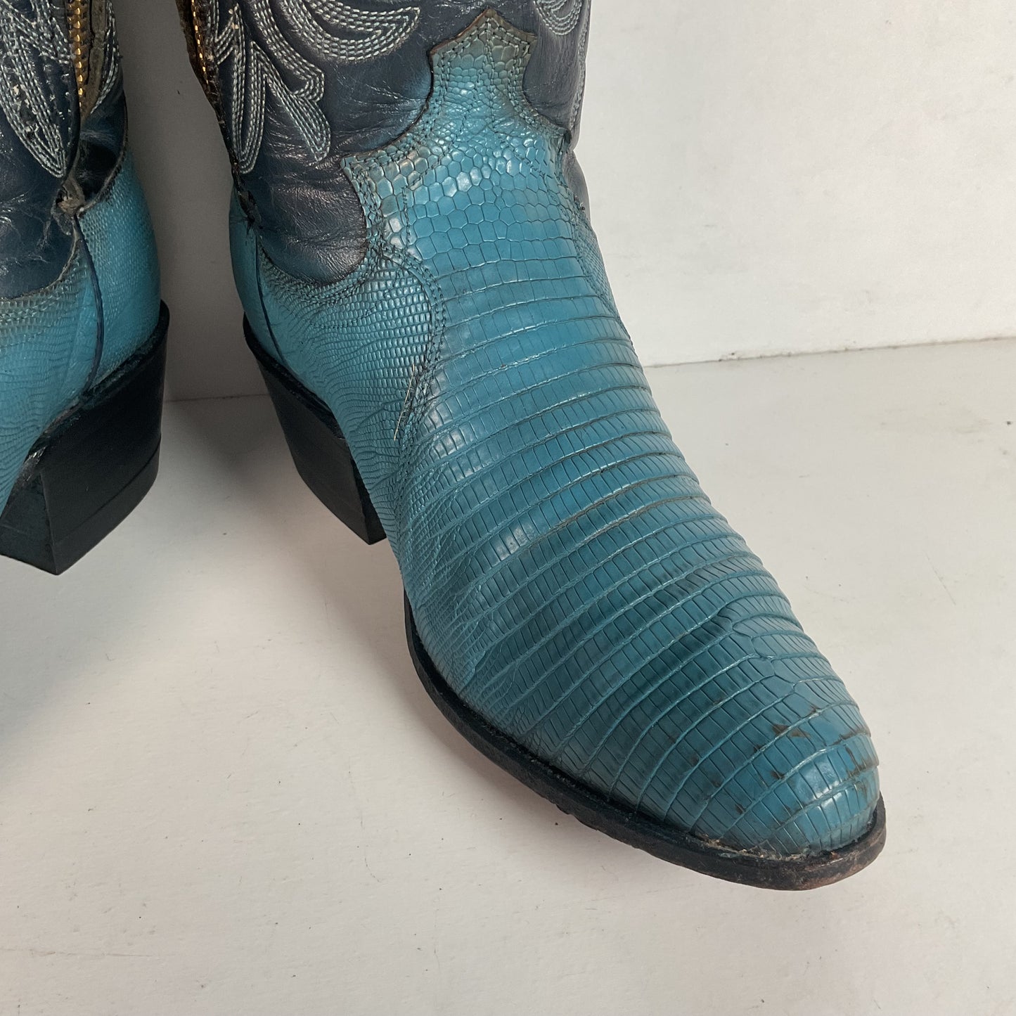 Vintage Justin Turquoise Cowgirl Boots 5 B Zipper Teju Lizard Vamp