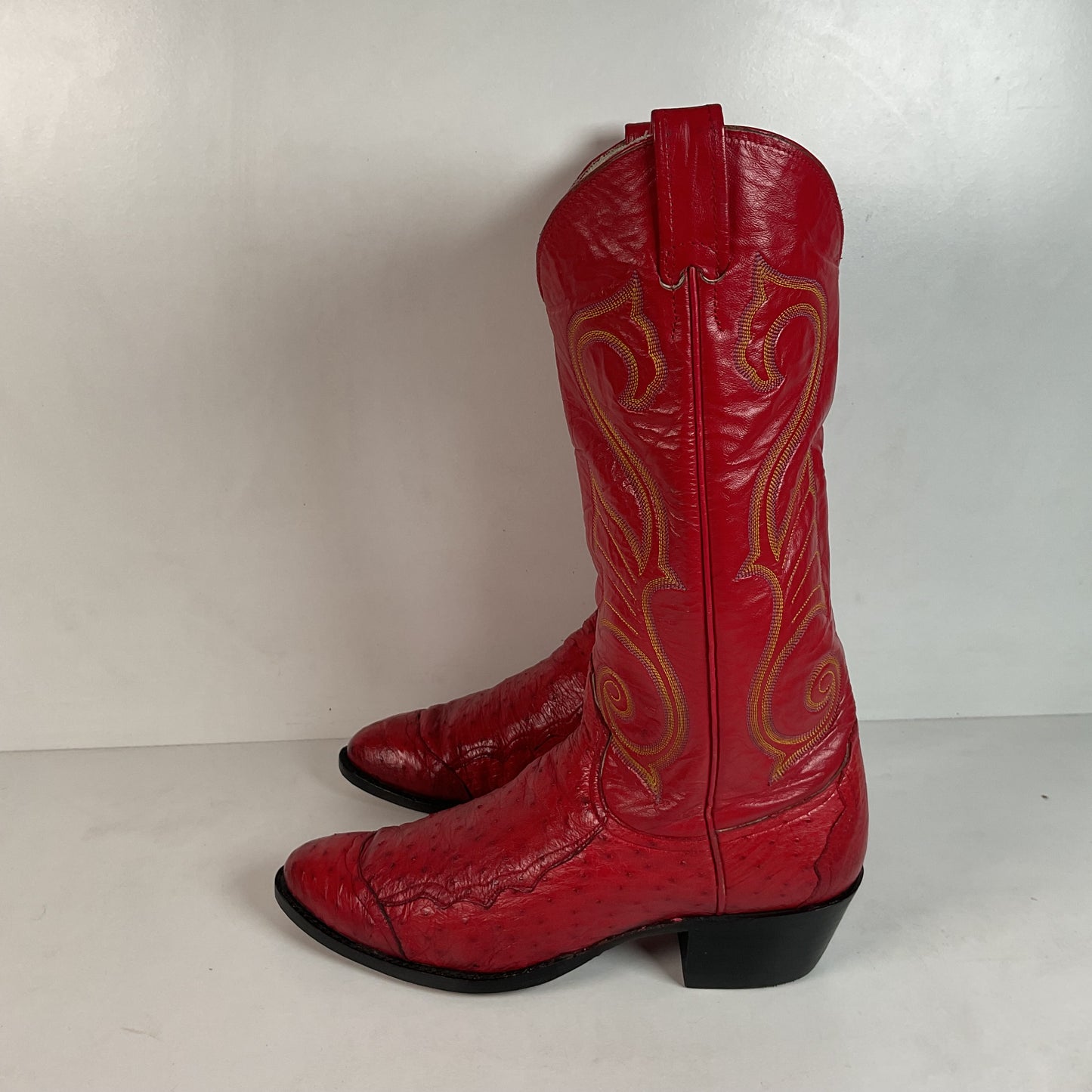 Vintage Larry Mahan Cherry Red Pin Quill Ostrich Cowboy Boots 10.5 D Recraft