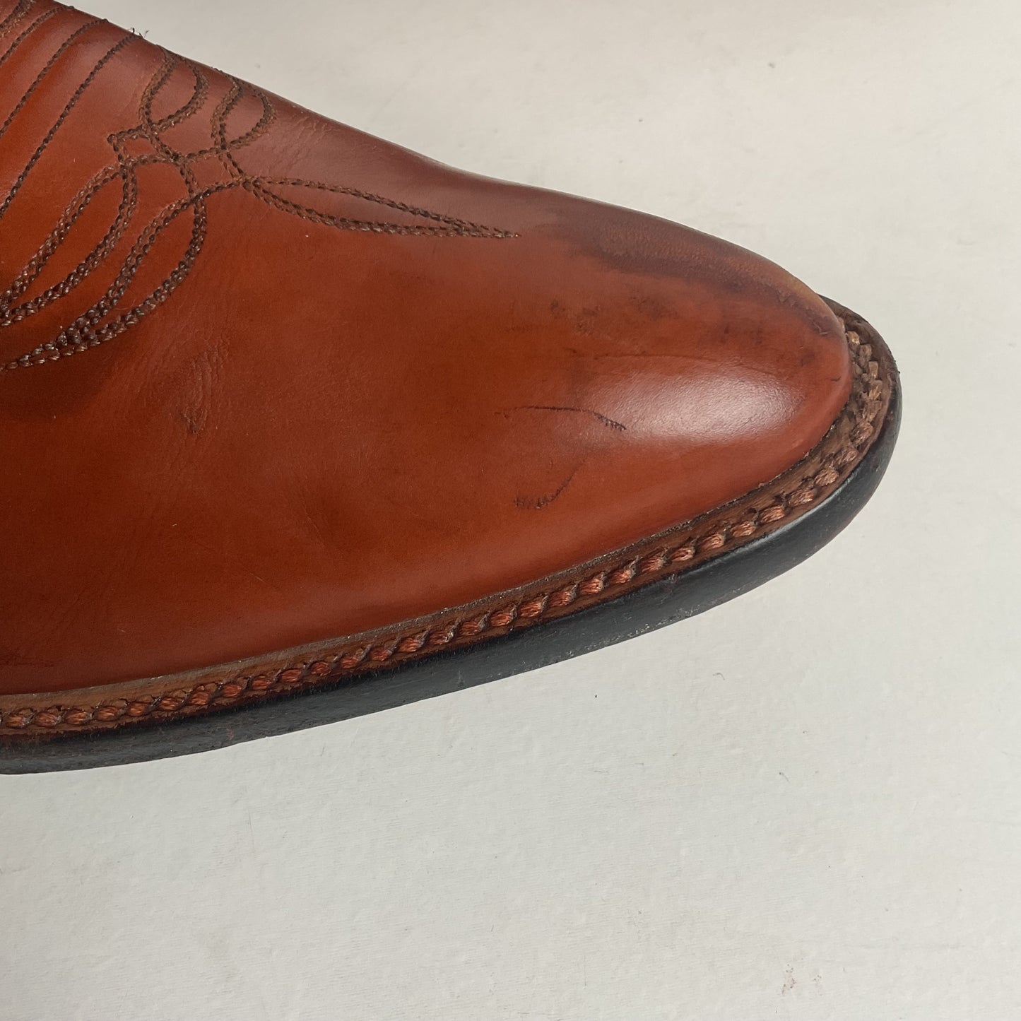 Rios of Mercedes Brown Calfskin Leather Cowboy Boots 13 A (Extra Narrow) Thrashed