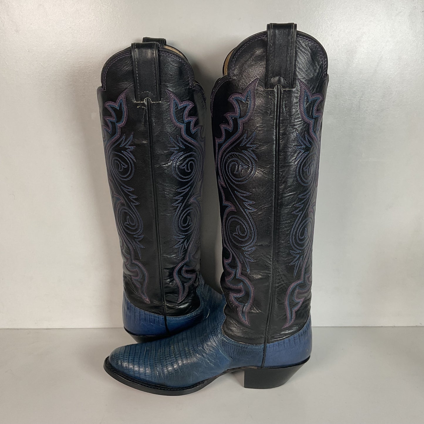 Vintage Justin Tall Blue Lizard Cowgirl Boots 6.5 B USA Made Recraft