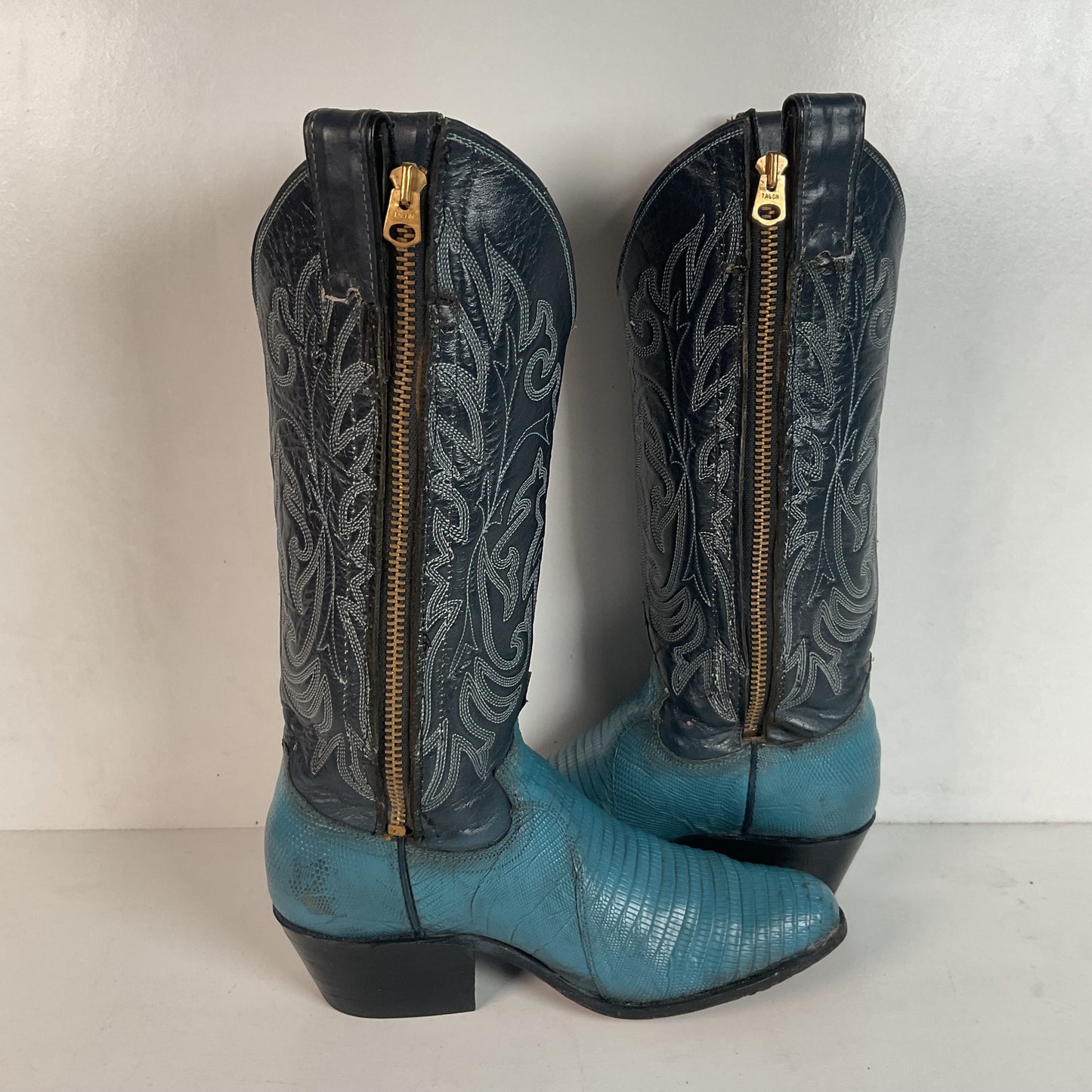 Vintage Justin Turquoise Cowgirl Boots 5 B Zipper Teju Lizard Vamp