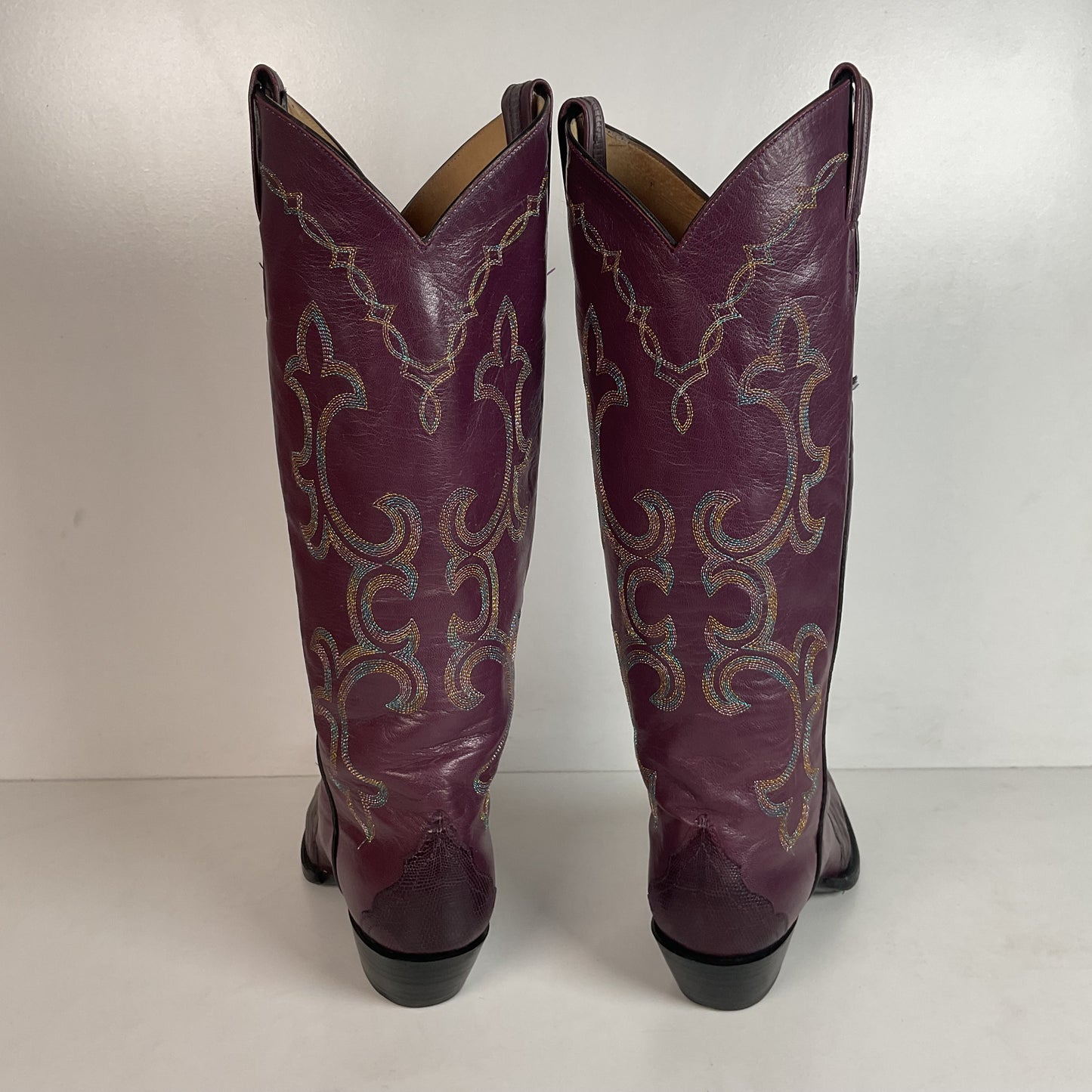Vintage Larry Mahan Tall Purple Cowgirl Boots 8.5 B USA Made Lizard Teju