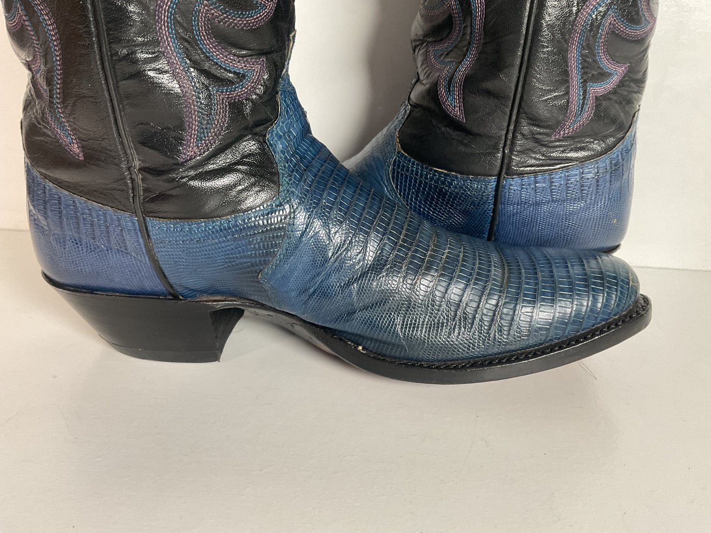 Vintage Justin Tall Blue Lizard Cowgirl Boots 6.5 B USA Made Recraft