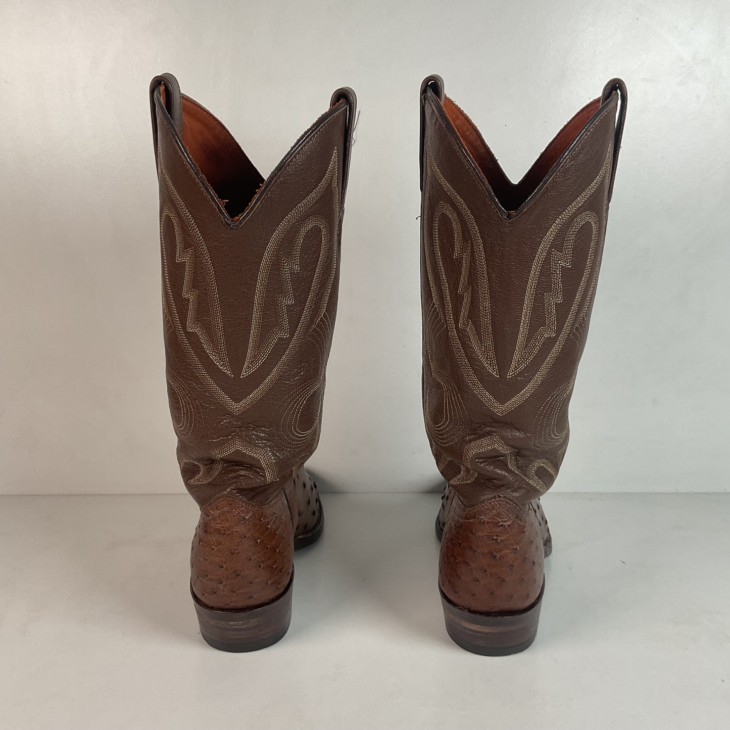 Vintage J Chisholm Exotic Full Quill Ostrich Cowboy Boots 8 D Brown USA Made