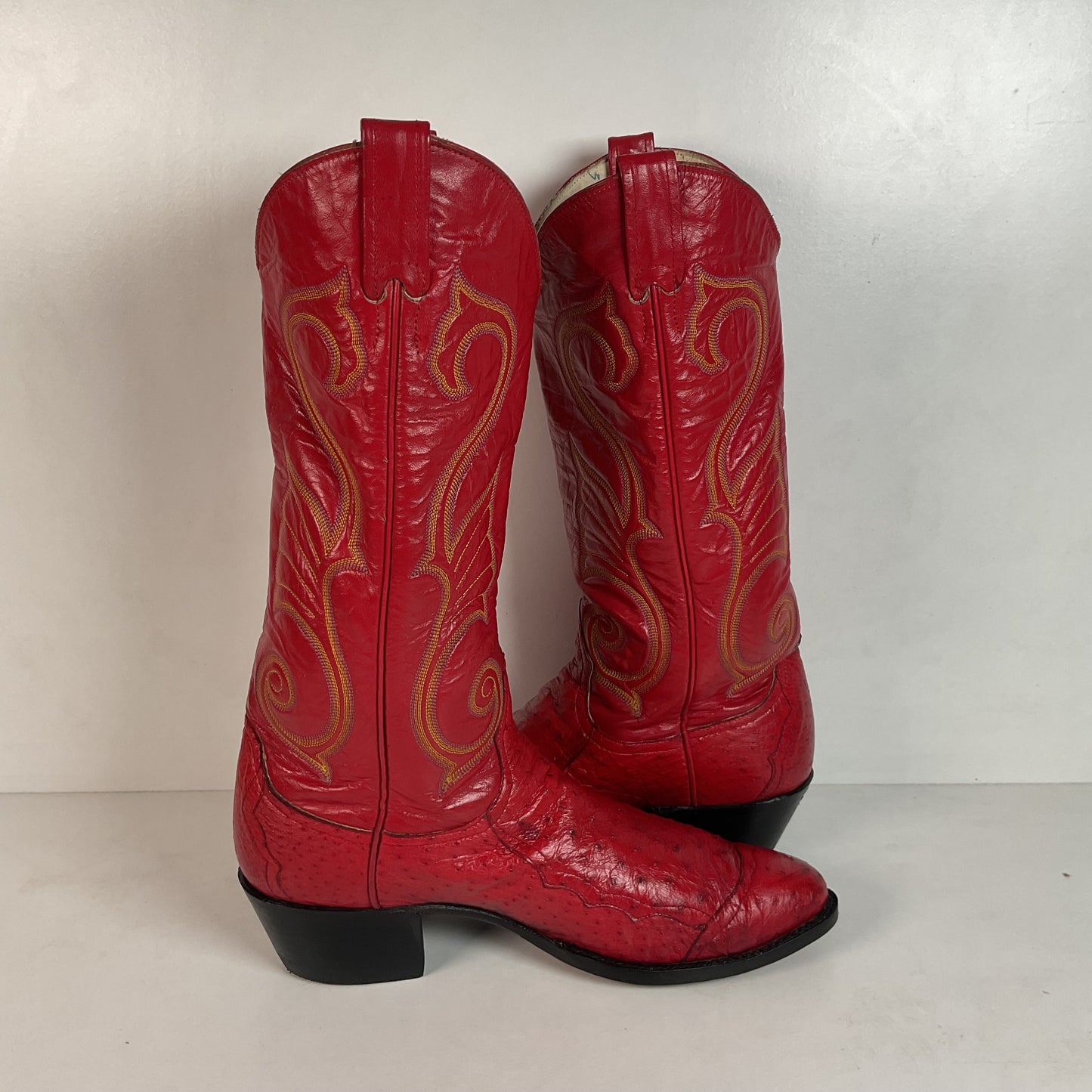 Vintage Larry Mahan Cherry Red Pin Quill Ostrich Cowboy Boots 10.5 D Recraft