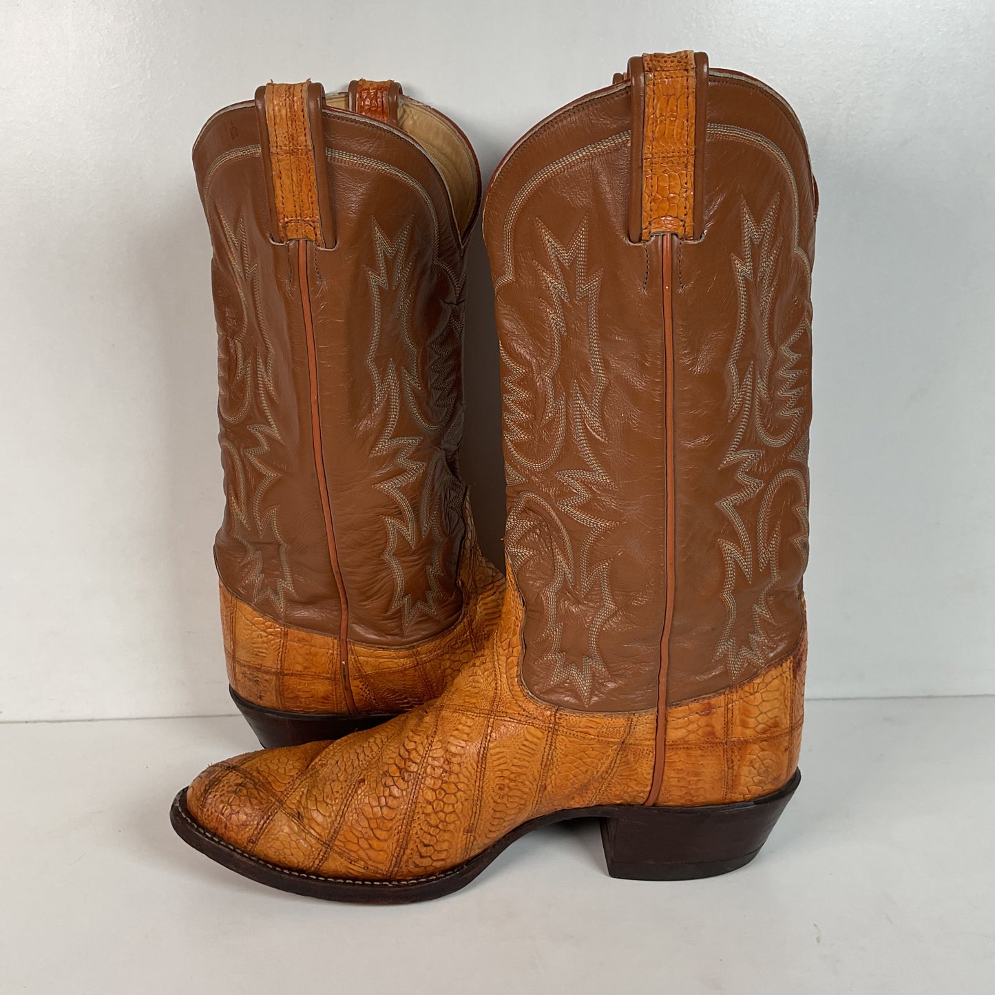 Tony Lama Ostrich Leg Patchwork Cowboy Boots 10 D Gold Label Thrashed