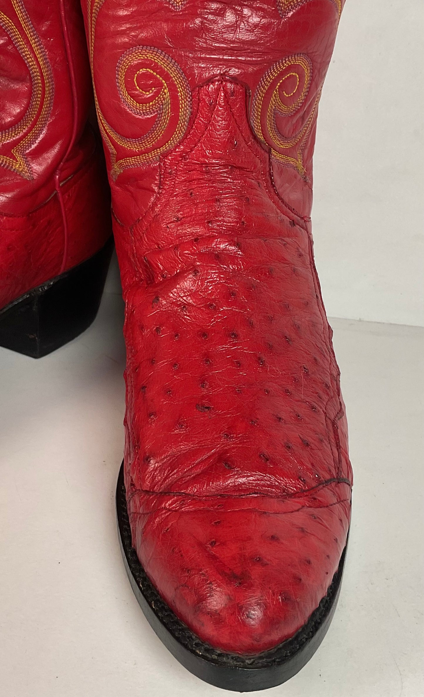 Vintage Larry Mahan Cherry Red Pin Quill Ostrich Cowboy Boots 10.5 D Recraft
