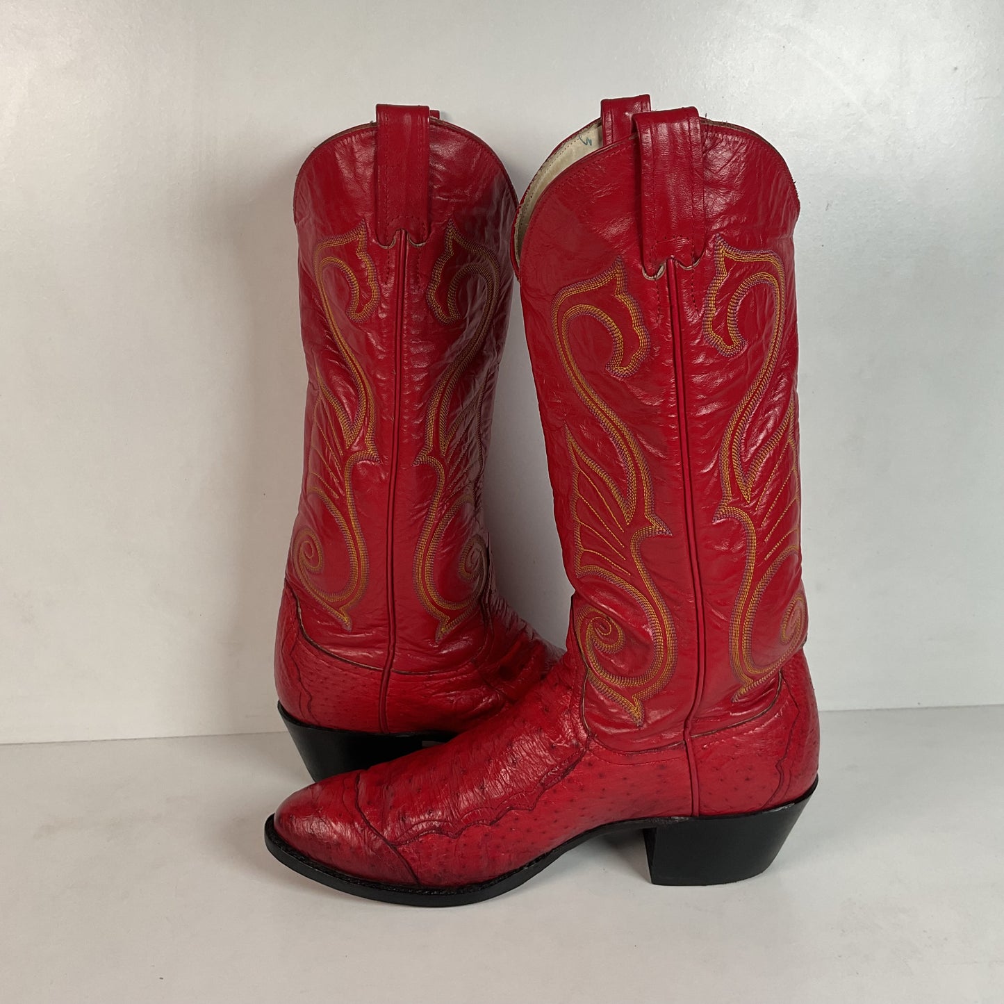 Vintage Larry Mahan Cherry Red Pin Quill Ostrich Cowboy Boots 10.5 D Recraft
