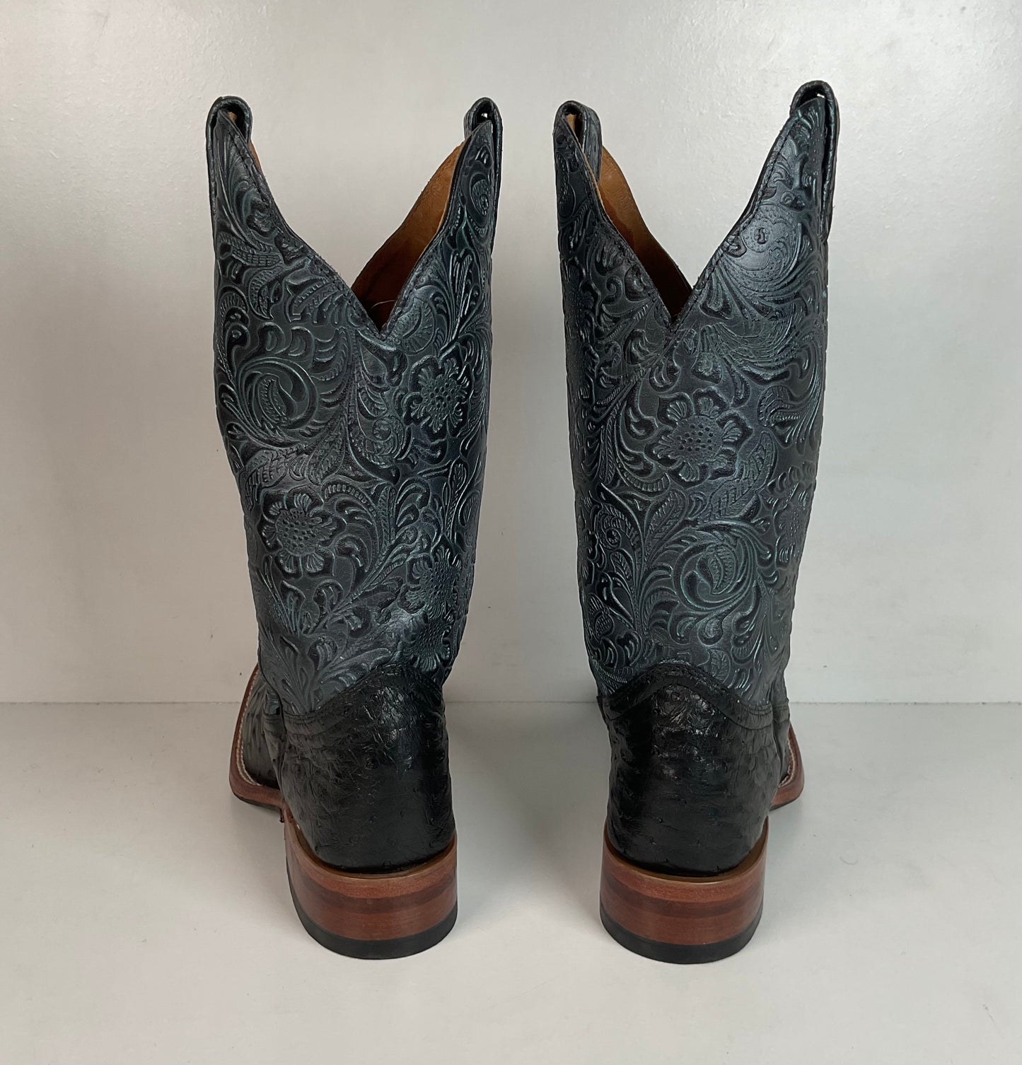 Boulet Tooled Ostrich Quill Cowgirl Boots 7 C Square Toe Exotic