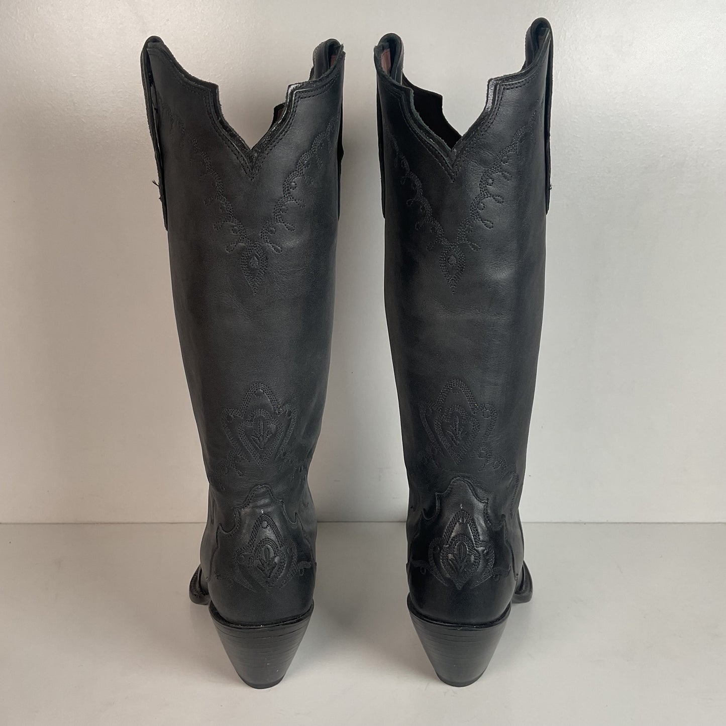 Tony Lama 16” Black Leather Cowgirl Boots 7 B USA Black Label