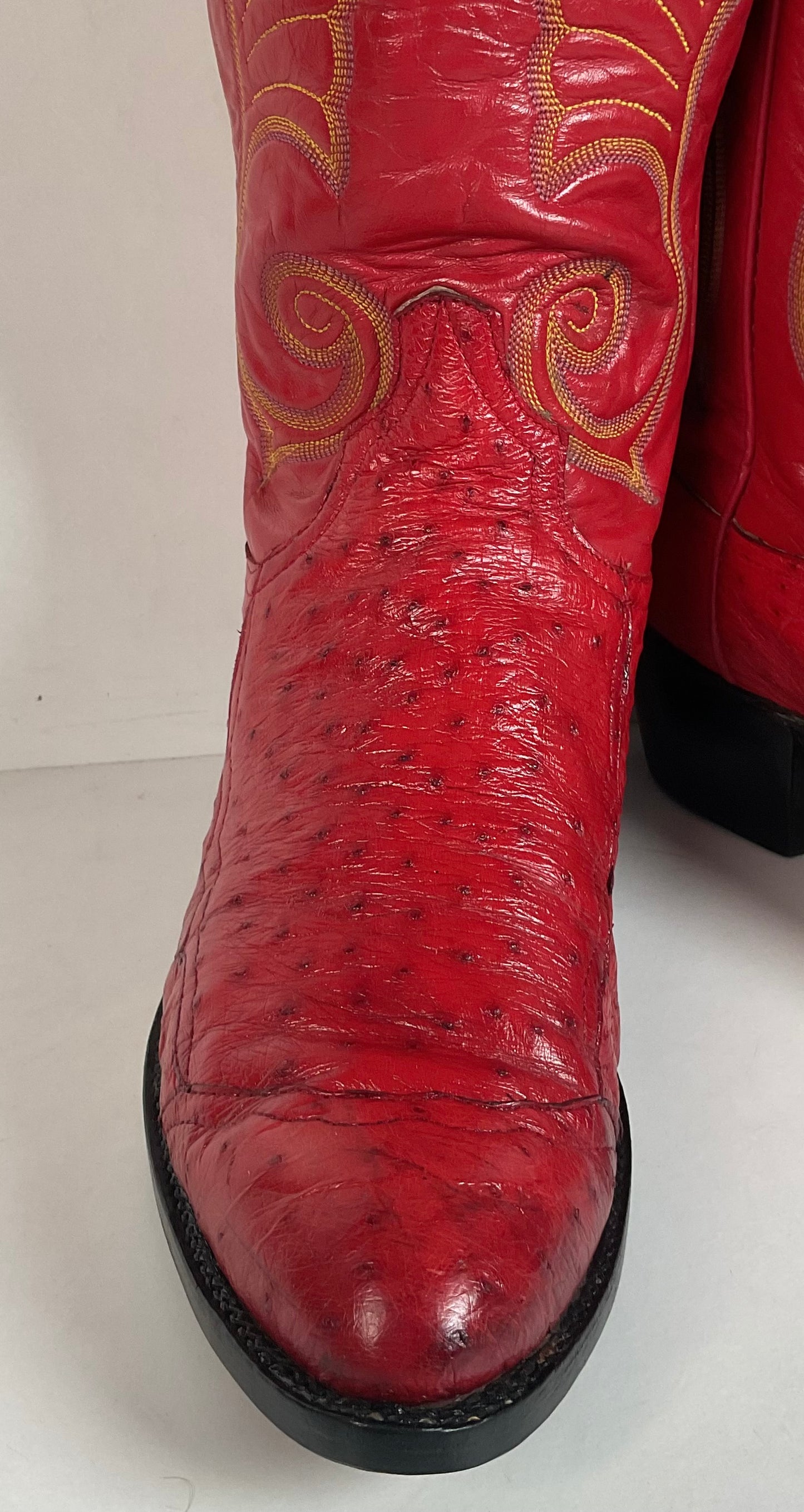 Vintage Larry Mahan Cherry Red Pin Quill Ostrich Cowboy Boots 10.5 D Recraft
