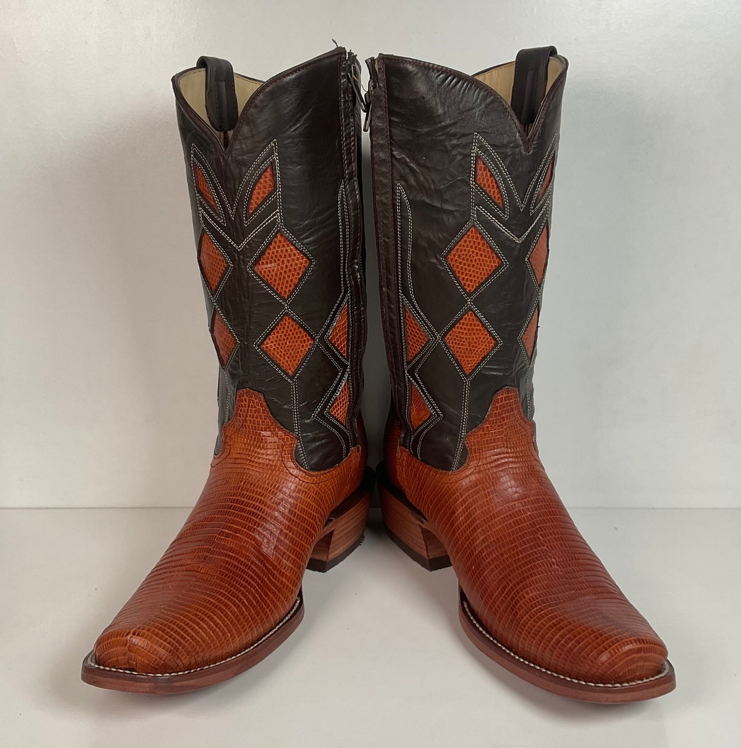 Serna Custom Cowboy Zipper Boots 10 Lizard Vamp, Tooled Inlay