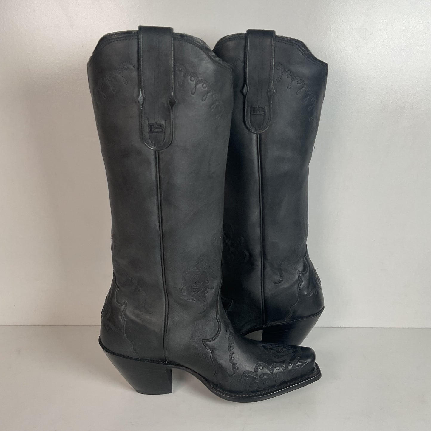 Tony Lama 16” Black Leather Cowgirl Boots 7 B USA Black Label