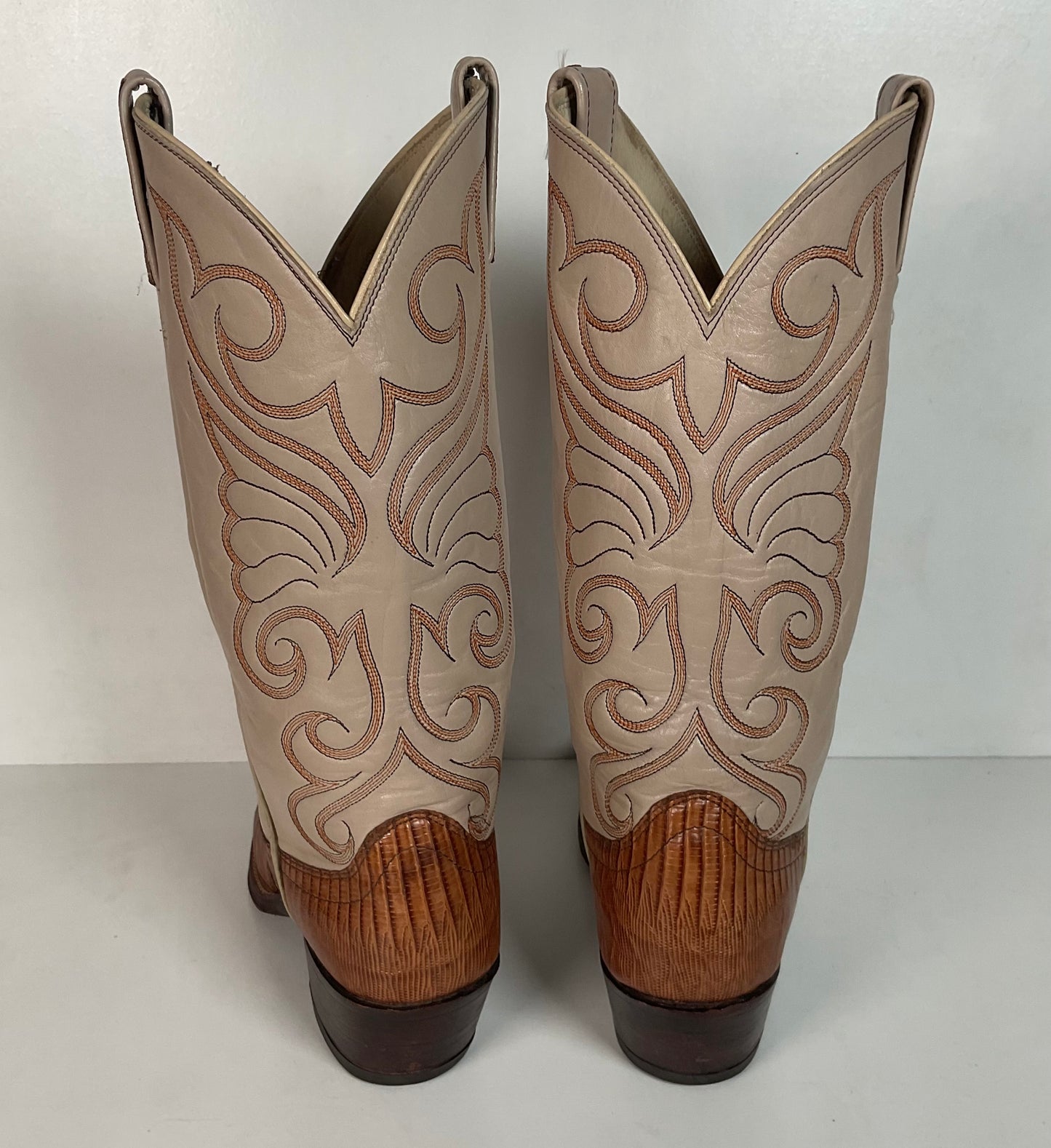 Vintage Dan Post Teju Lizard Cowboy Boots 8 D USA Old Label Crème Upper