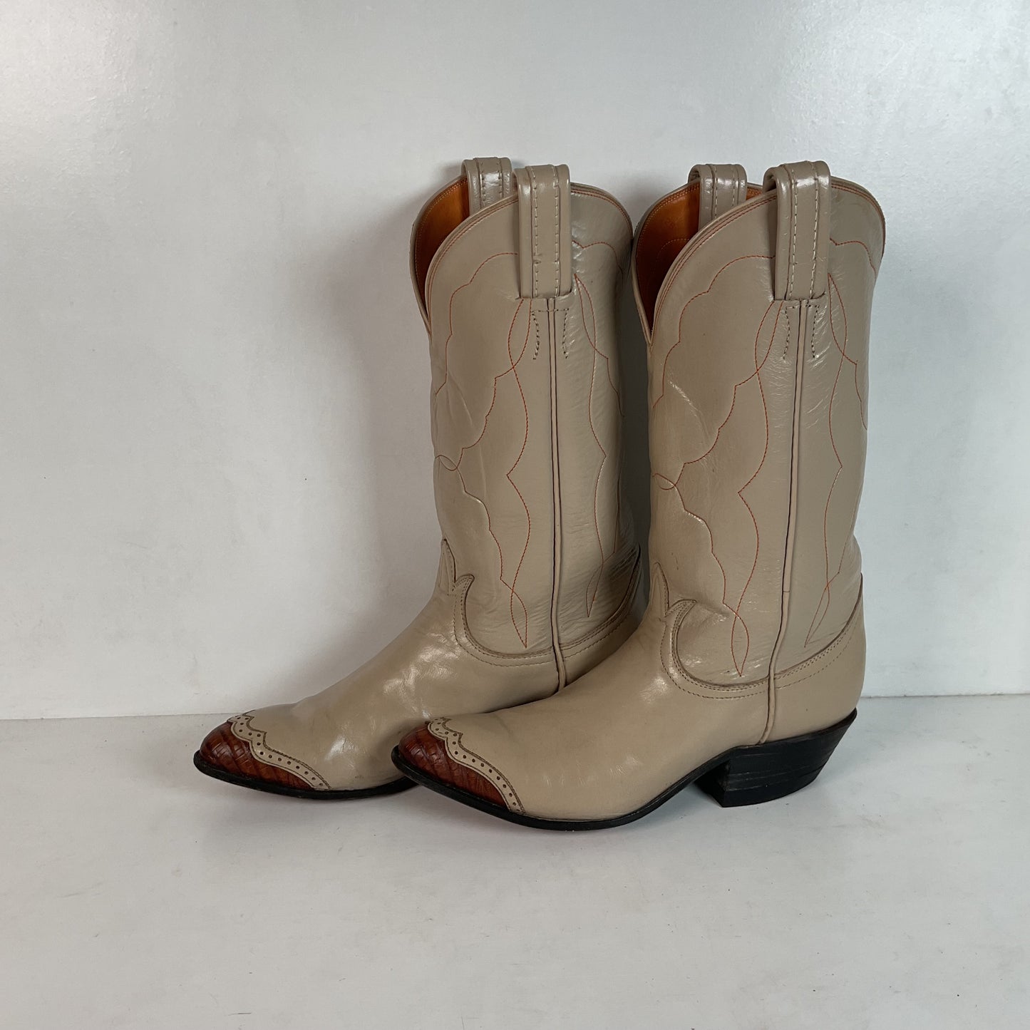Vintage Tony Lama Lizard Wingtip Cowgirl Boots 5.5 A Creme Leather