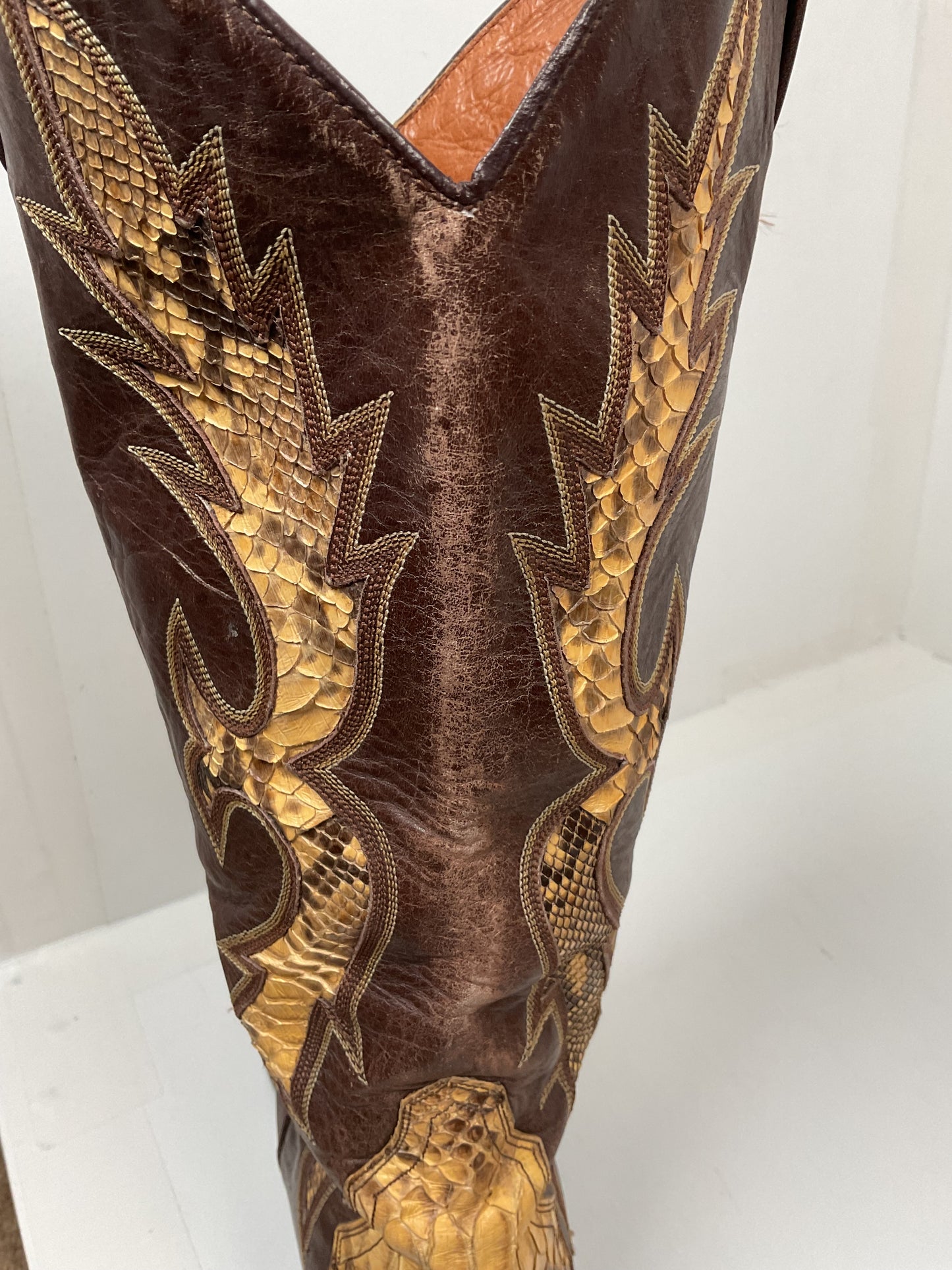 Vintage Dan Post Python Snakeskin Cowboy Boots 11 D Triad Inlay Spain