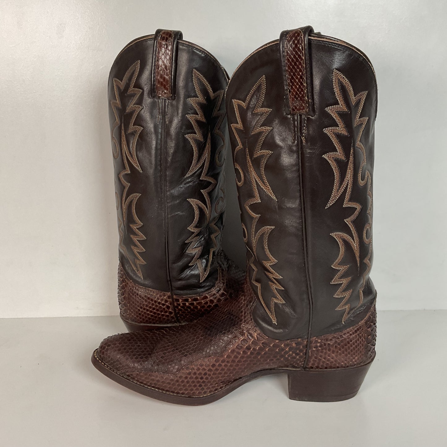 Vintage Dan Post Brown Front Cut Python Cowboy Boots 9.5 D Snakeskin USA Made