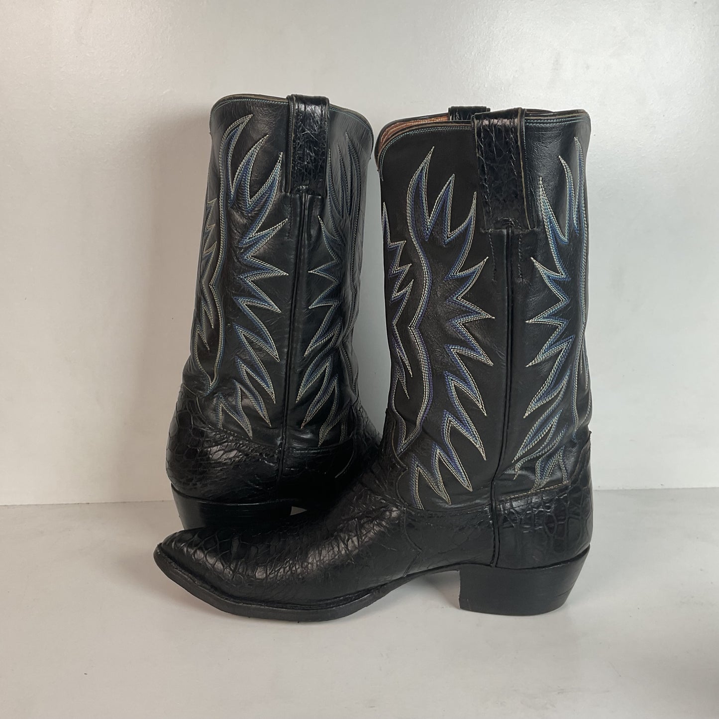Vintage 1960s Justin Black Sea Turtle Cowboy Boots 10 D USA Made Fort Worth Label Pre-Ban