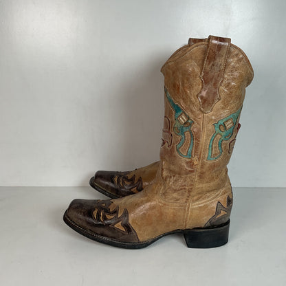 Corral Heart BreakerCowgirl Boots 11 M Wingtip Tooled Revolver Inlay