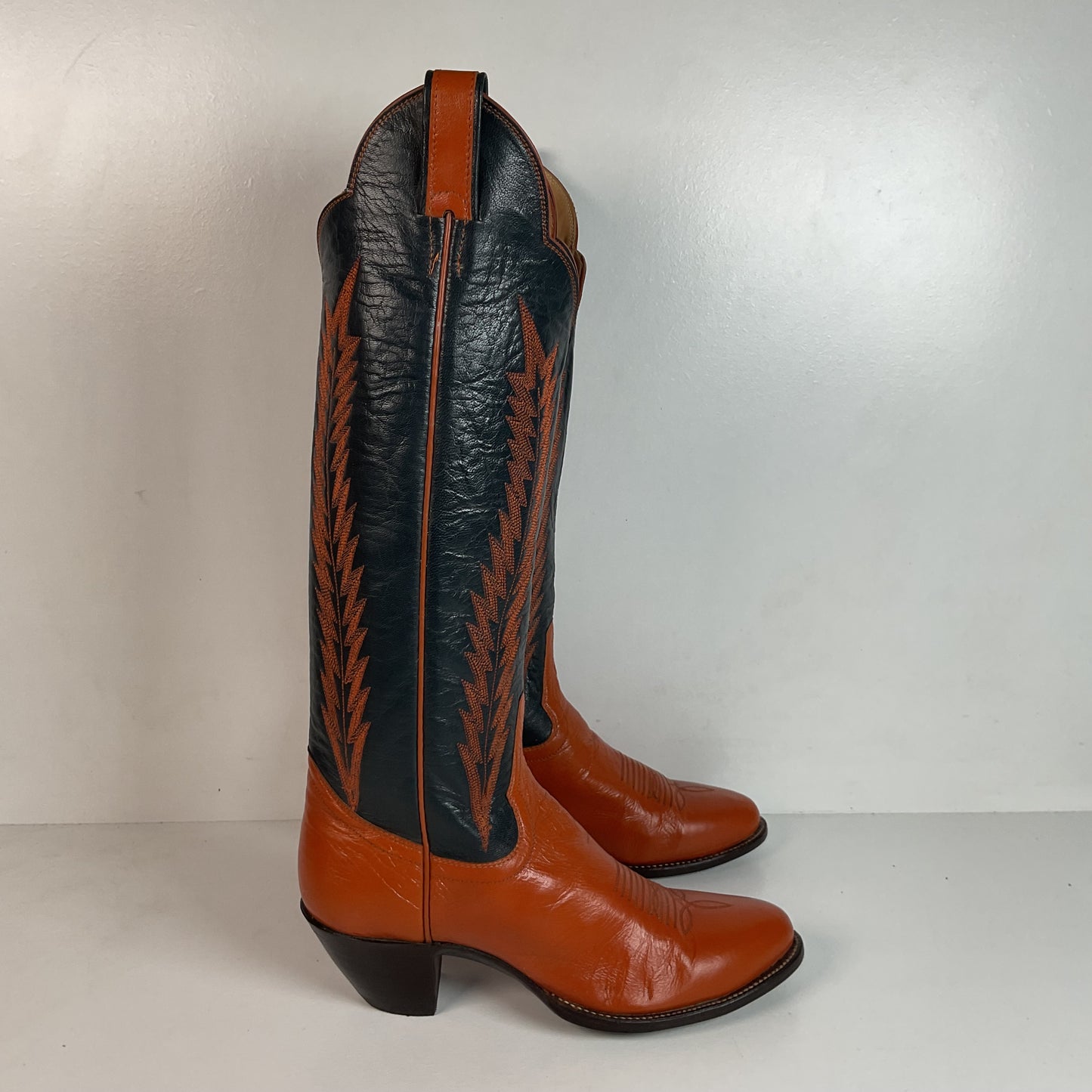 Vintage Panhandle Slim Tall Cowgirl Boots 6.5 C Pumpkin Orange Scallop Top