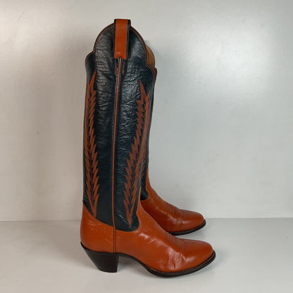 Vintage Panhandle Slim Tall Cowgirl Boots 6.5 C Pumpkin Orange Scallop Top