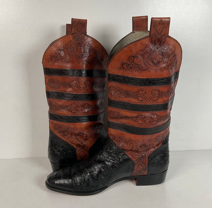Vintage Lorenzo Banfi Ostrich Quill Bucket Boots | Tooled | Exotic | Men’s 9.5 M